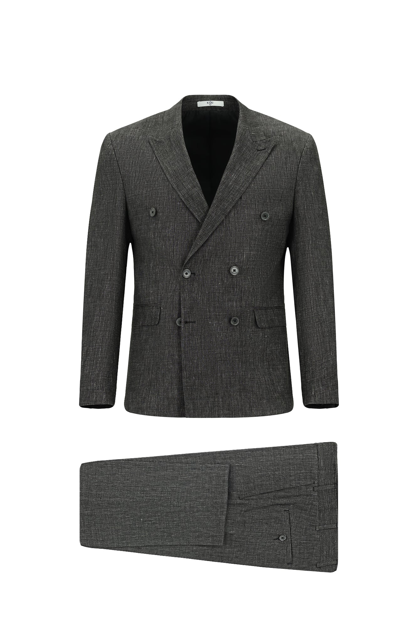 Siyah 7 Drop Slim Fit Dar Kesim Keten Karışımlı Sivri Yaka Kruvaze Takım Elbise