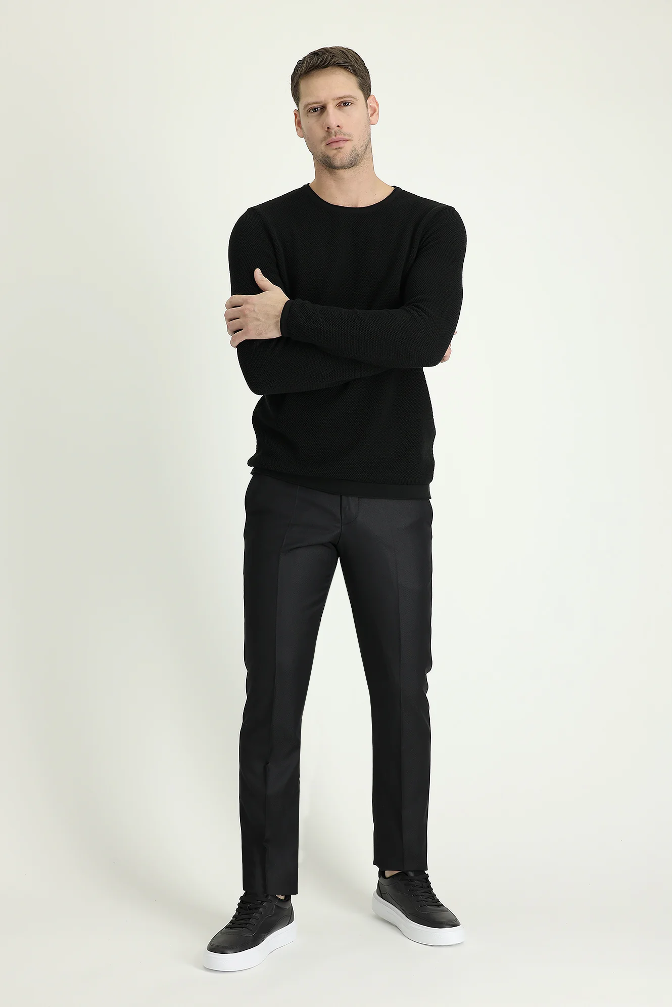 Siyah 7 Drop Slim Fit Dar Kesim Klasik Desenli Kumaş Pantolon