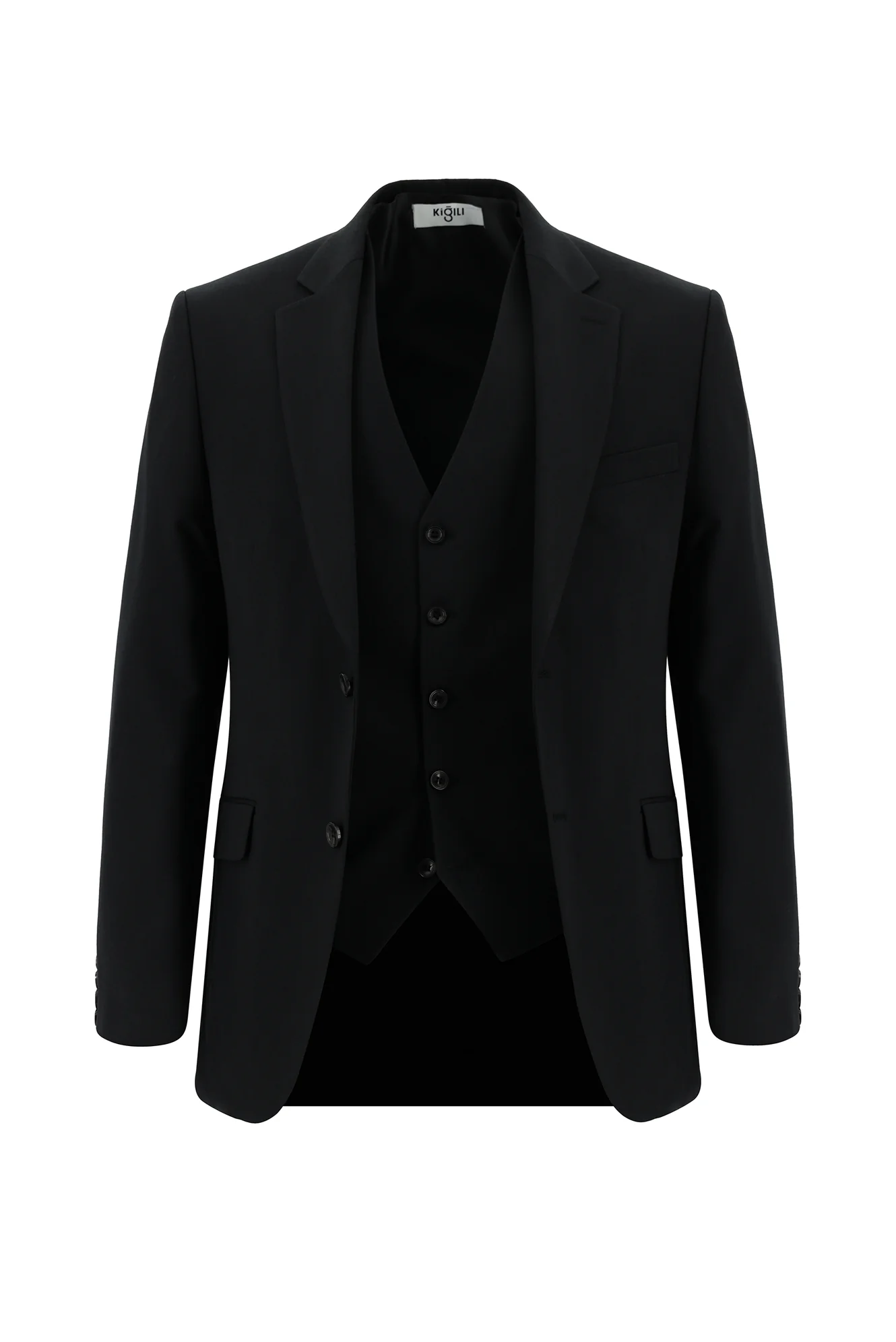 Siyah 7 Drop Slim Fit Dar Kesim Yelekli Takım Elbise - Image 2