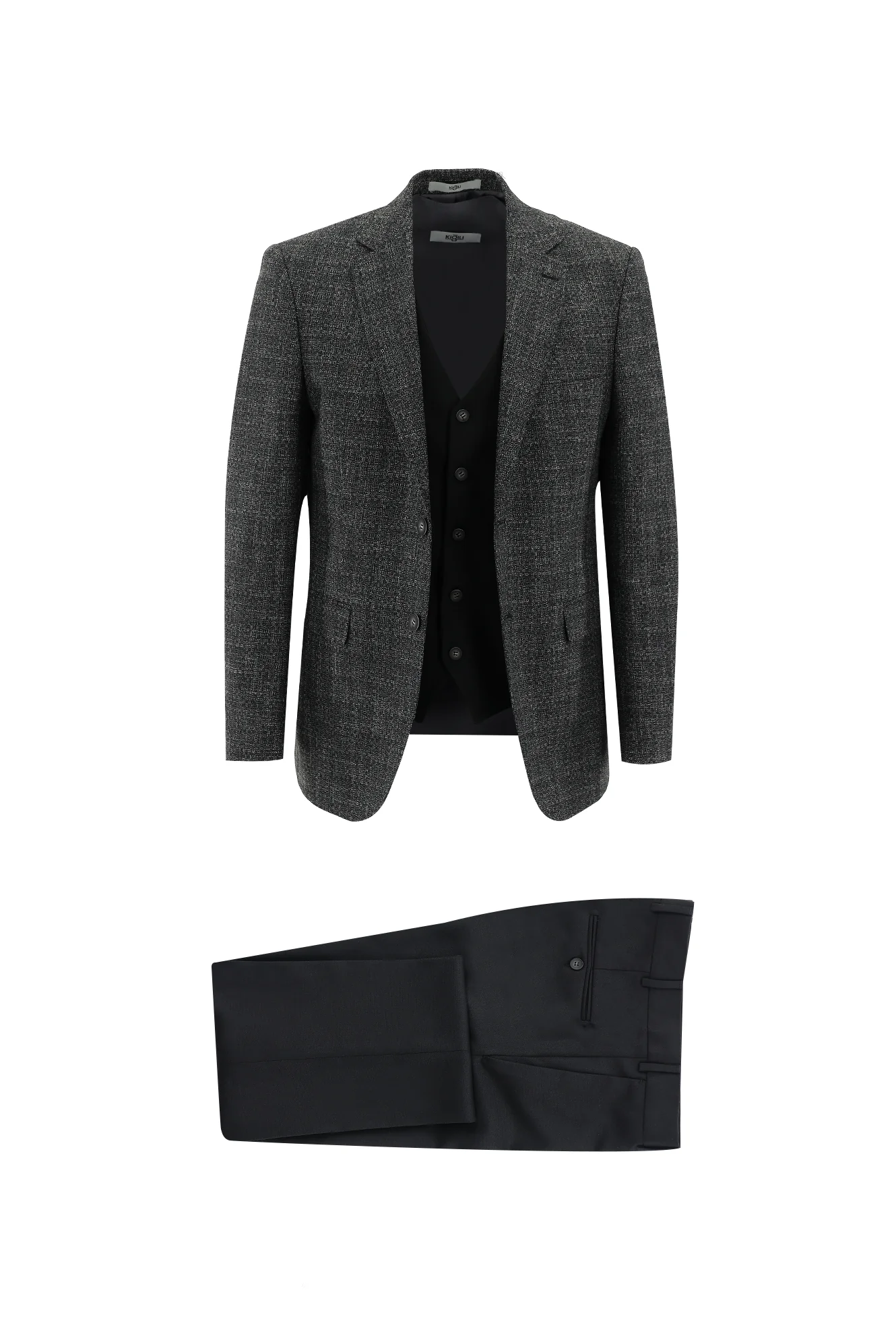 Siyah 7 Drop Slim Fit Dar Kesim Kombinli Yelekli Keten Takım Elbise