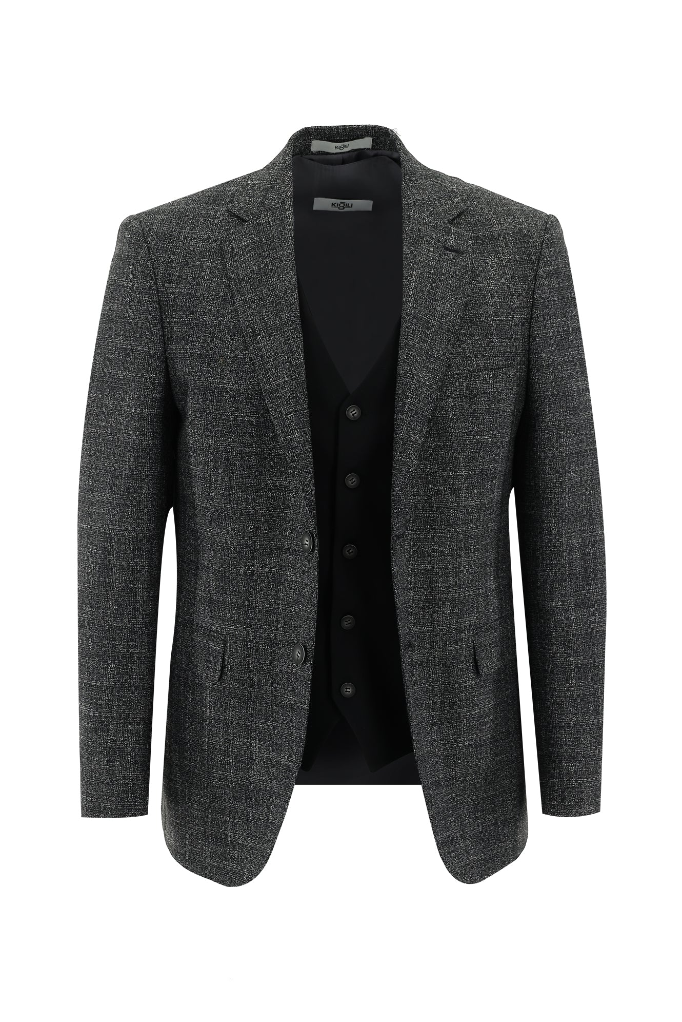 Siyah 7 Drop Slim Fit Dar Kesim Kombinli Yelekli Keten Takım Elbise - Image 2