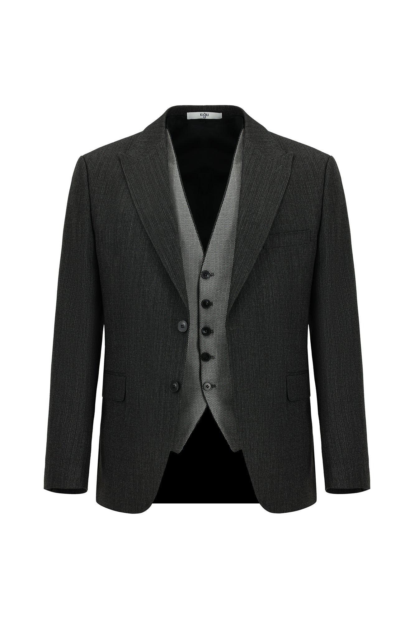 Siyah 7 Drop Slim Fit Dar Kesim Kombinli Yelekli Takım Elbise - Image 6