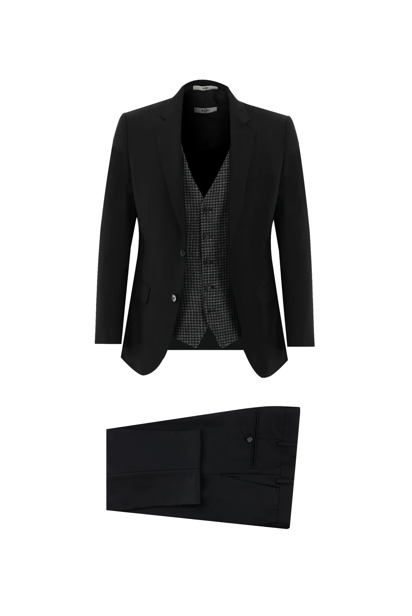 Siyah 7 Drop Slim Fit Dar Kesim Kombinli Yelekli Takım Elbise