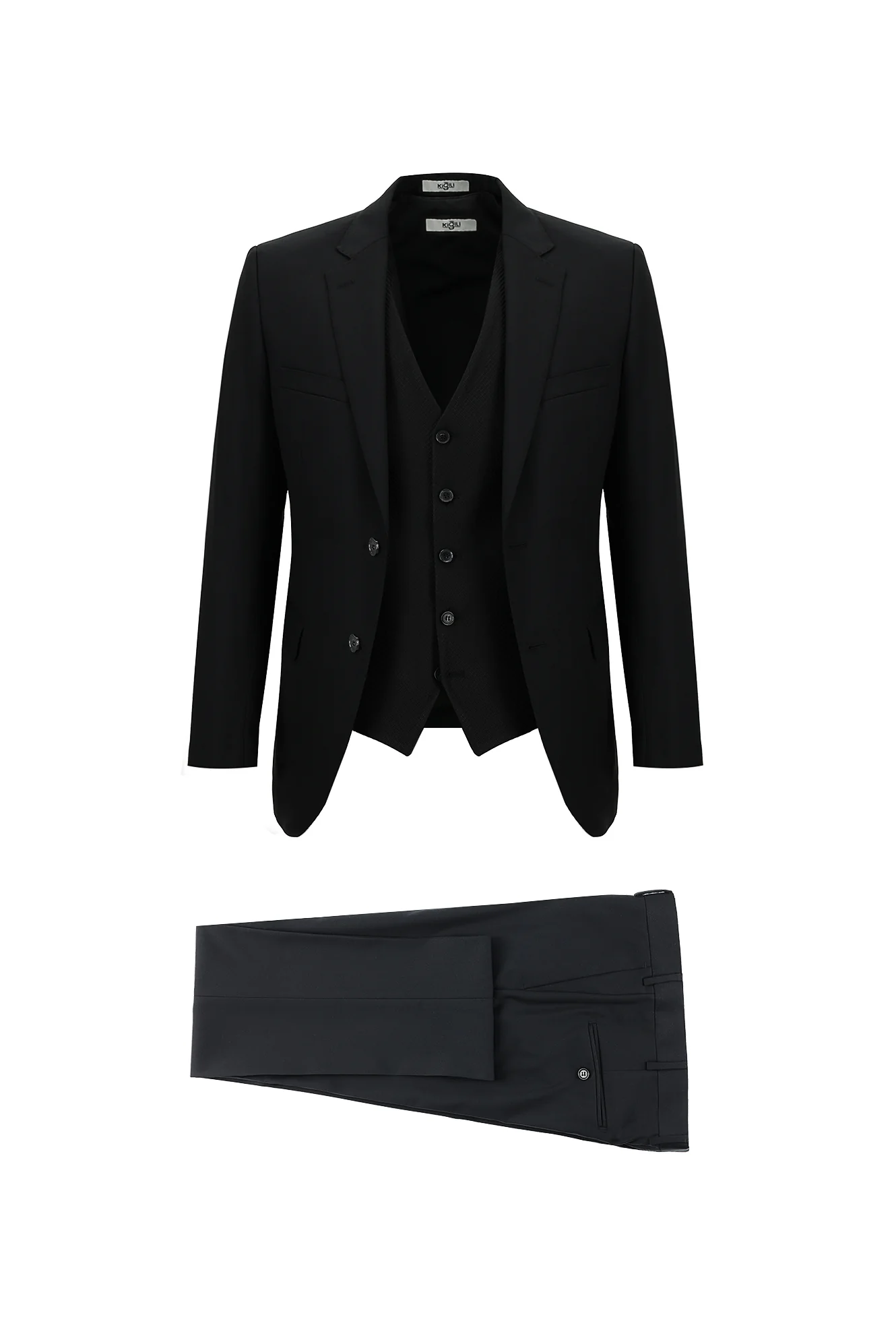Siyah 7 Drop Slim Fit Dar Kesim Kombinli Yelekli Takım Elbise