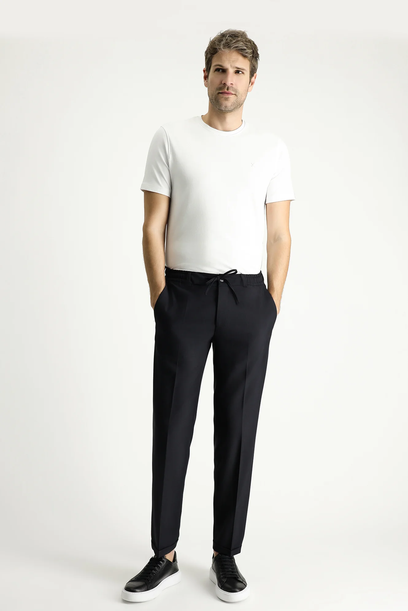 Siyah 7 Drop Slim Fit Dar Kesim Likralı Beli Lastikli İpli Klasik Kumaş Pantolon