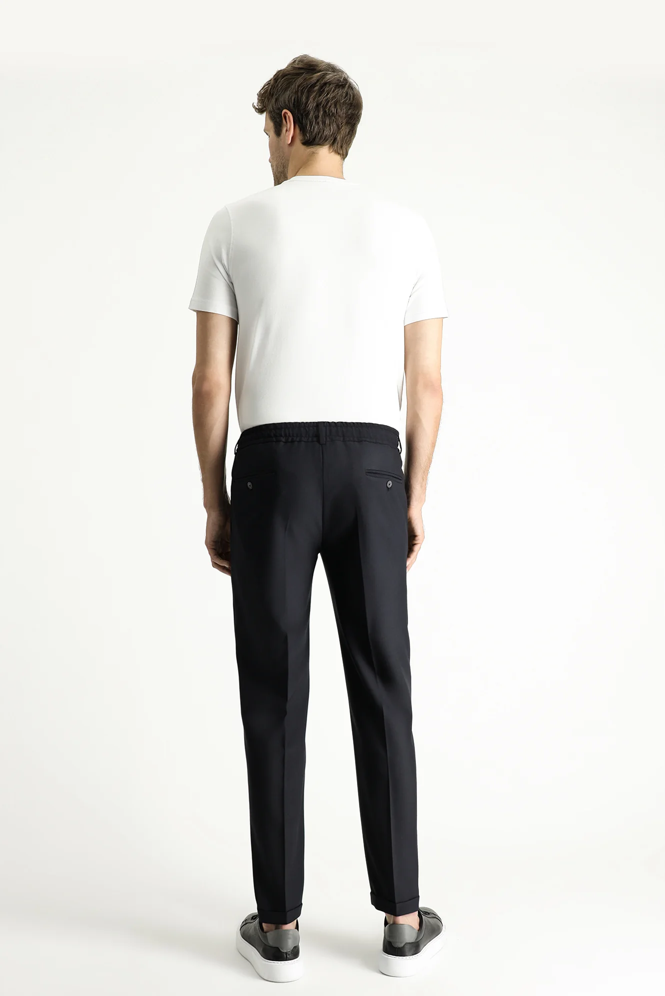 Siyah 7 Drop Slim Fit Dar Kesim Likralı Beli Lastikli İpli Klasik Kumaş Pantolon - Image 5