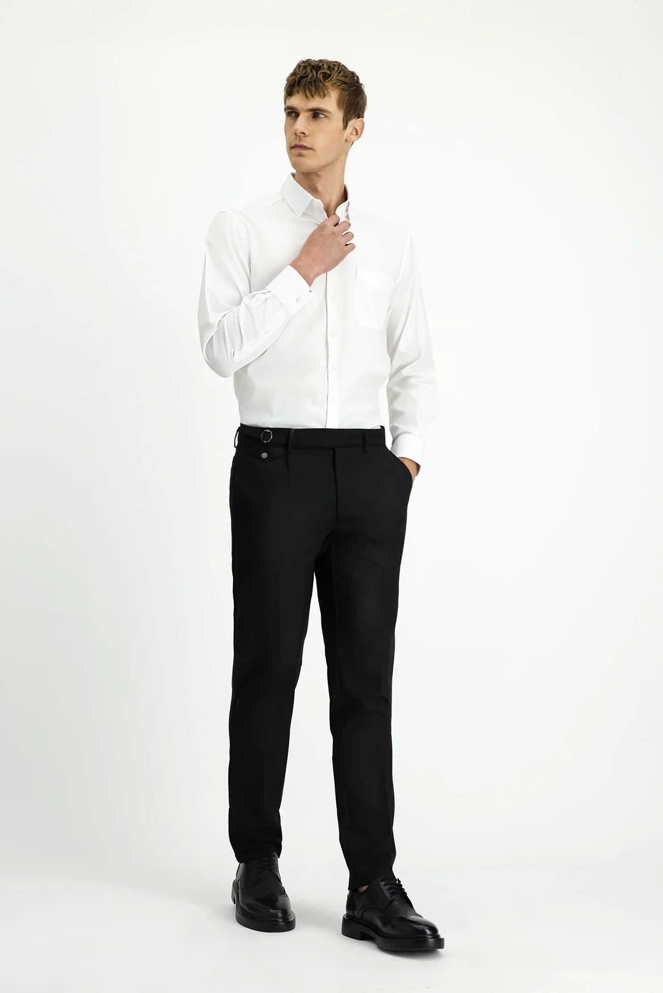 Siyah 7 Drop Slim Fit Dar Kesim Likralı Desenli Tokalı Pileli Klasik Kumaş Pantolon
