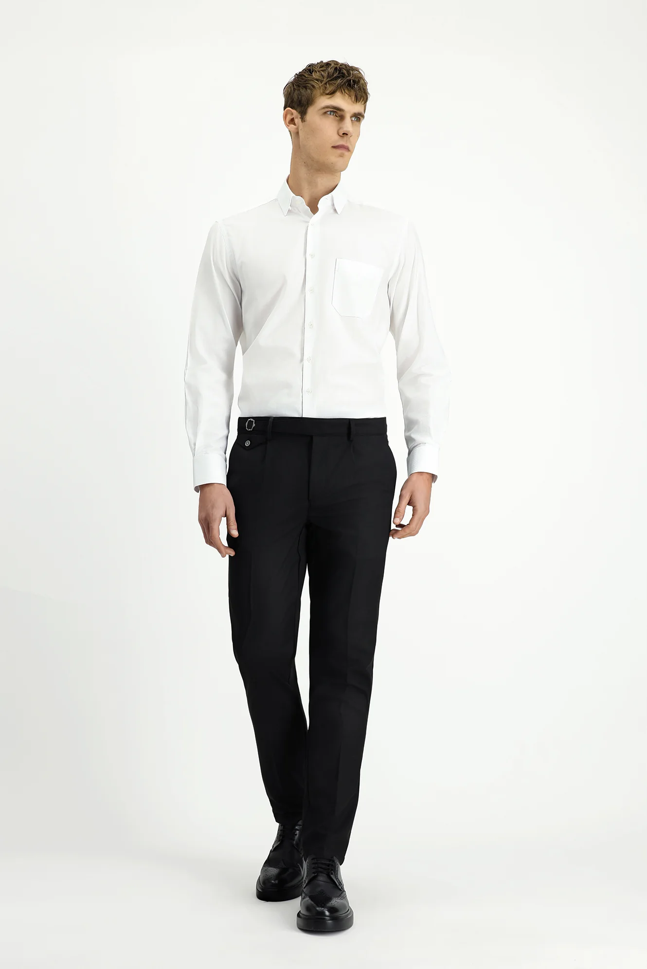 Siyah 7 Drop Slim Fit Dar Kesim Likralı Desenli Tokalı Pileli Klasik Kumaş Pantolon - Image 2