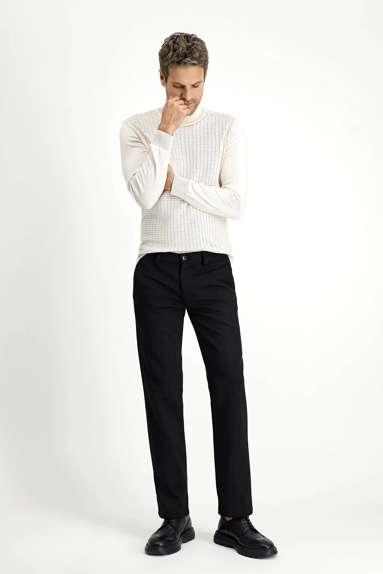 Siyah 7 Drop Slim Fit Dar Kesim Likralı Örme Klasik Kumaş Pantolon - Image 2