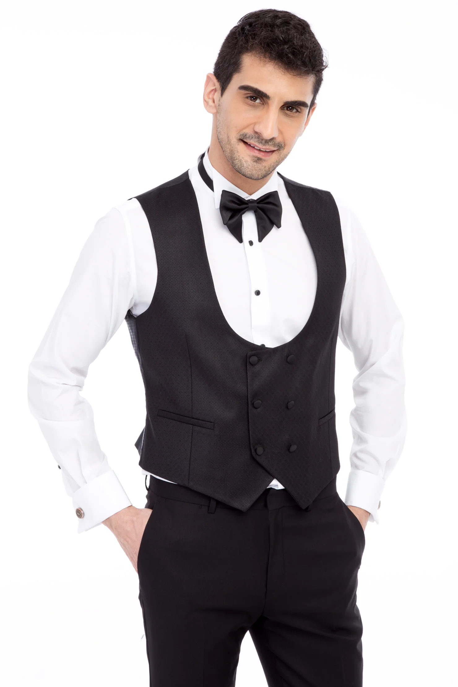 Siyah 7 Drop Slim Fit Dar Kesim Mono Yaka Desenli Yelekli Smokin & Damatlık - Image 3