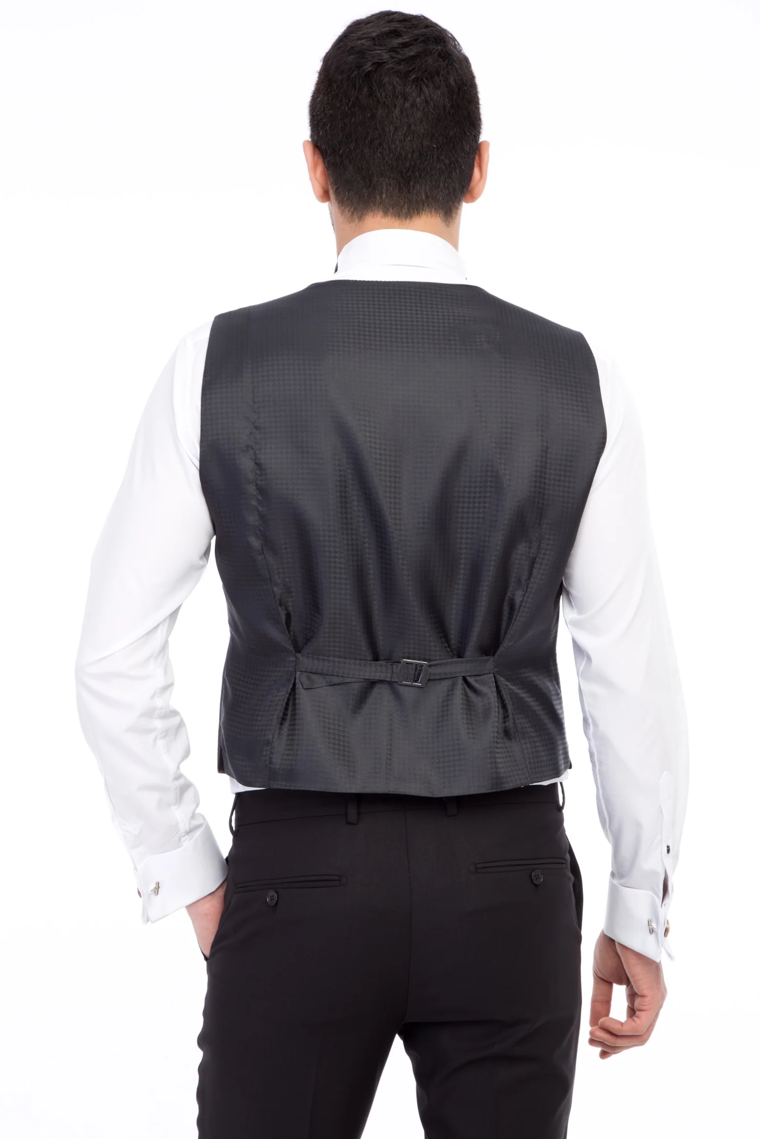Siyah 7 Drop Slim Fit Dar Kesim Mono Yaka Desenli Yelekli Smokin & Damatlık - Image 4