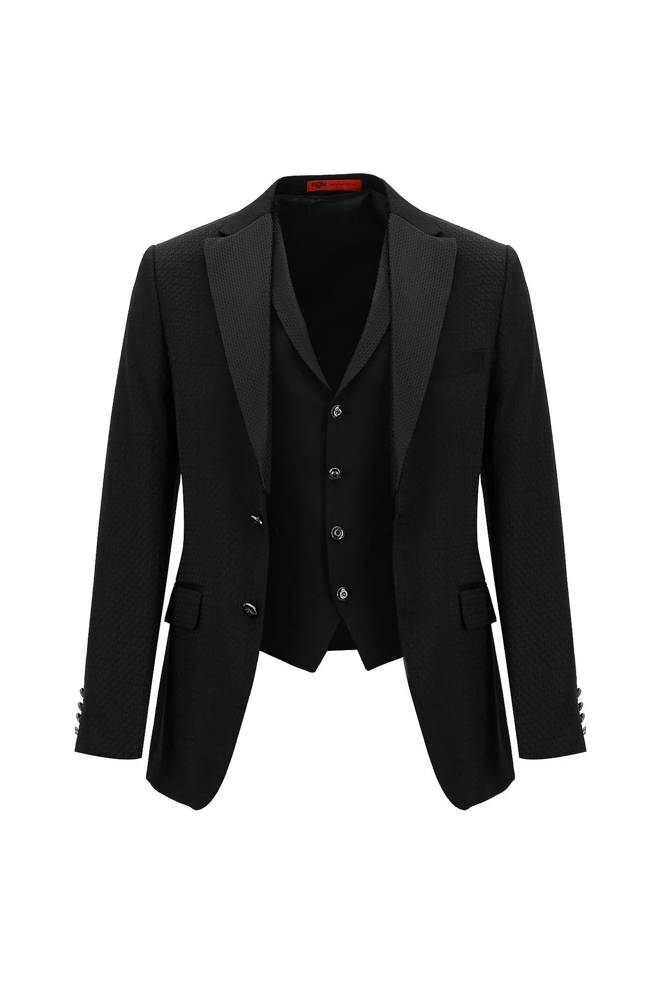Siyah 7 Drop Slim Fit Dar Kesim Mono Yaka Yelekli Smokin & Damatlık - Image 2