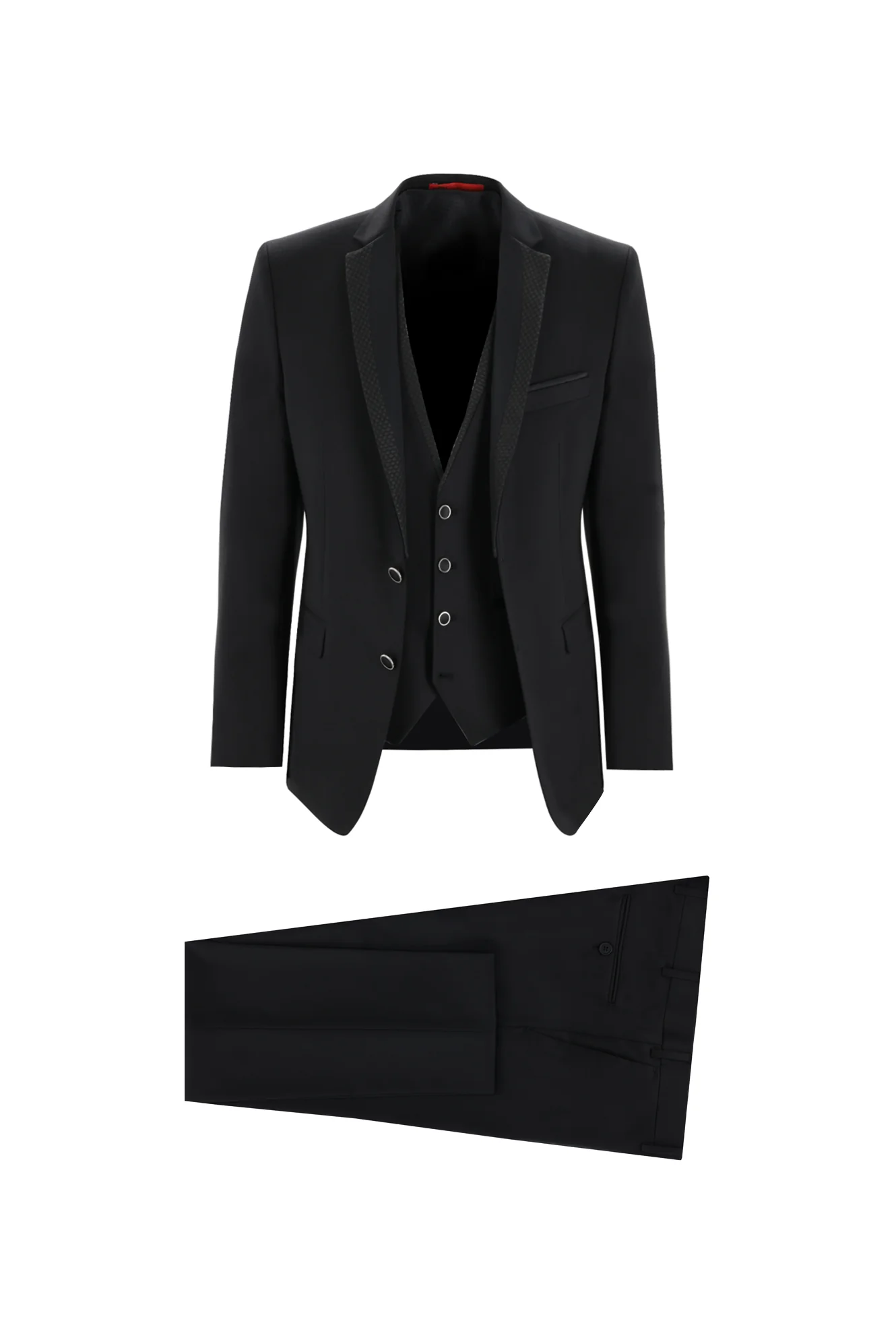 Siyah 7 Drop Slim Fit Dar Kesim Mono Yaka Yelekli Smokin & Damatlık