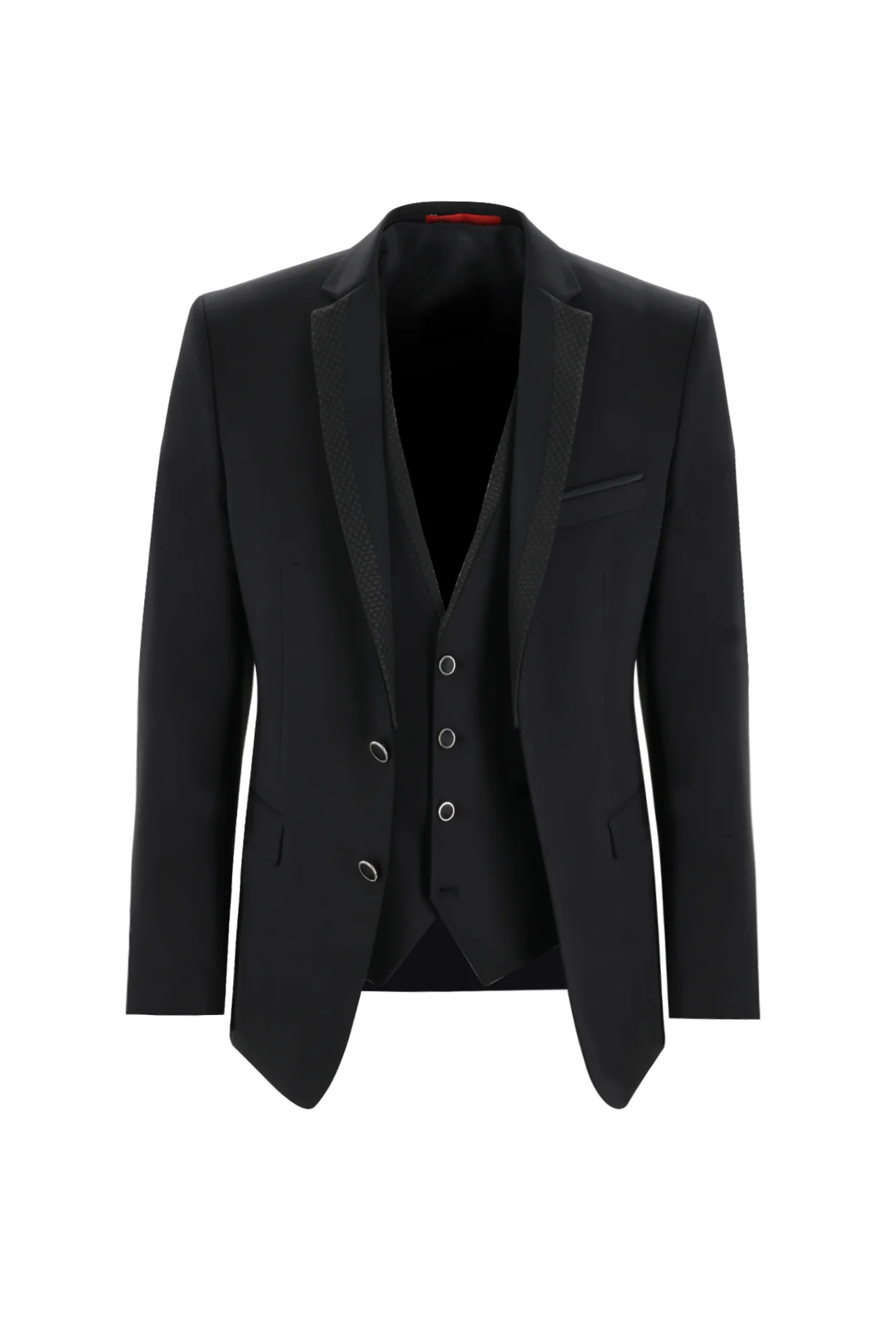 Siyah 7 Drop Slim Fit Dar Kesim Mono Yaka Yelekli Smokin & Damatlık - Image 2