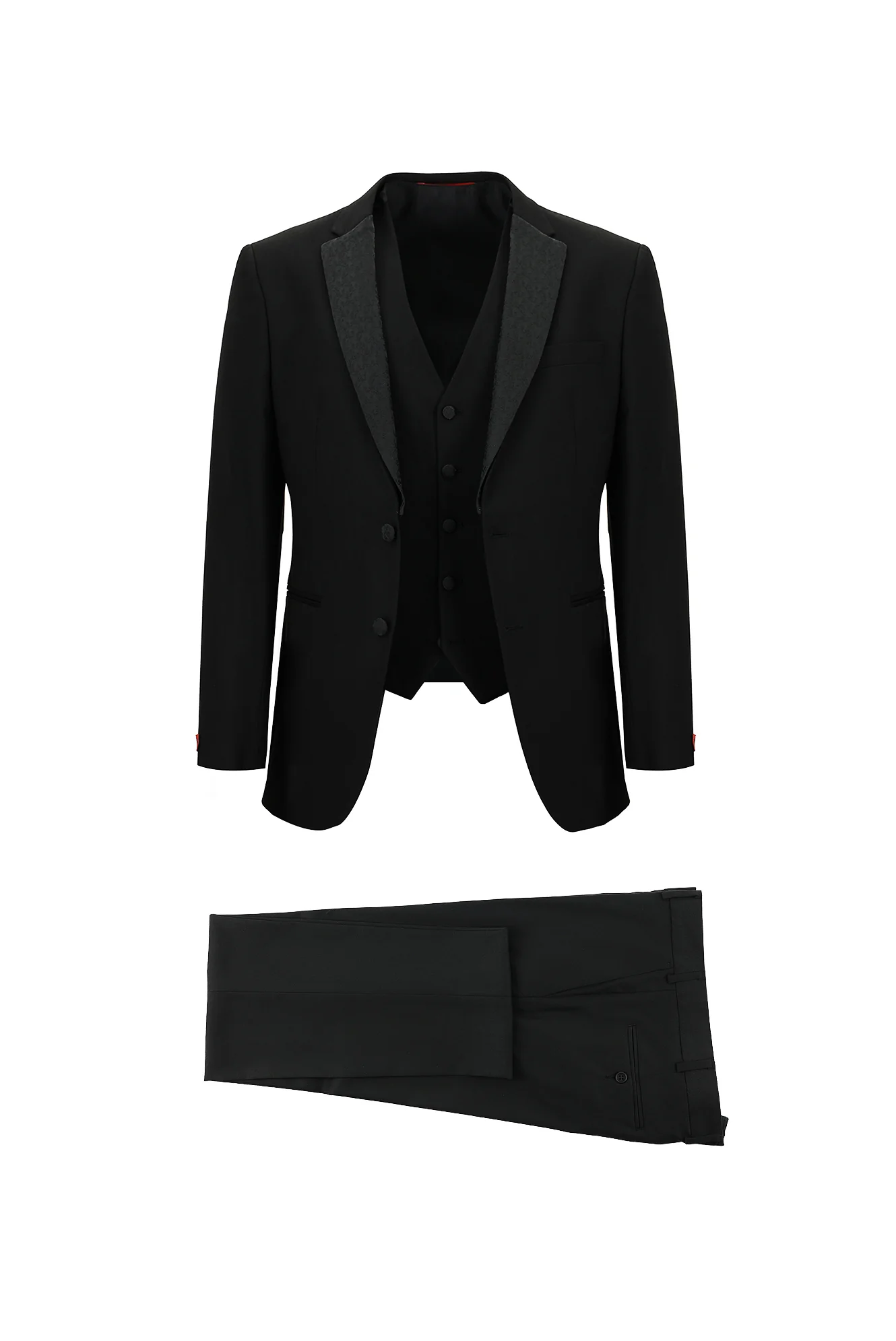 Siyah 7 Drop Slim Fit Dar Kesim Mono Yaka Yelekli Smokin & Damatlık
