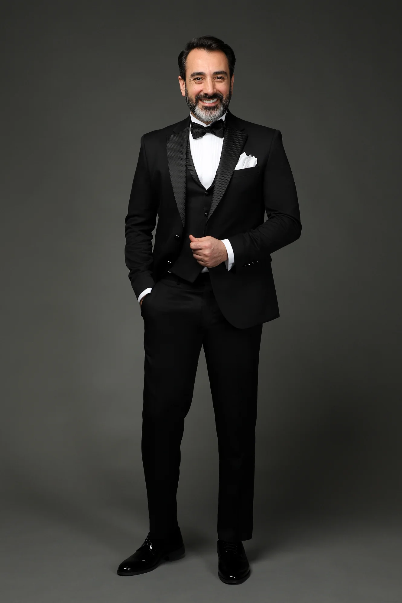 Siyah 7 Drop Slim Fit Dar Kesim Mono Yaka Yelekli Smokin & Damatlık - Image 7