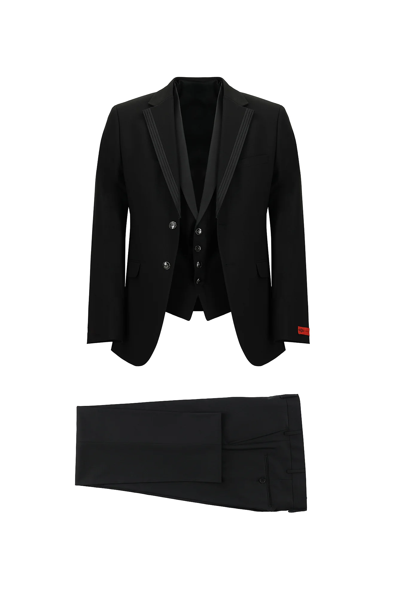 Siyah 7 Drop Slim Fit Dar Kesim Mono Yaka Yelekli Smokin & Damatlık