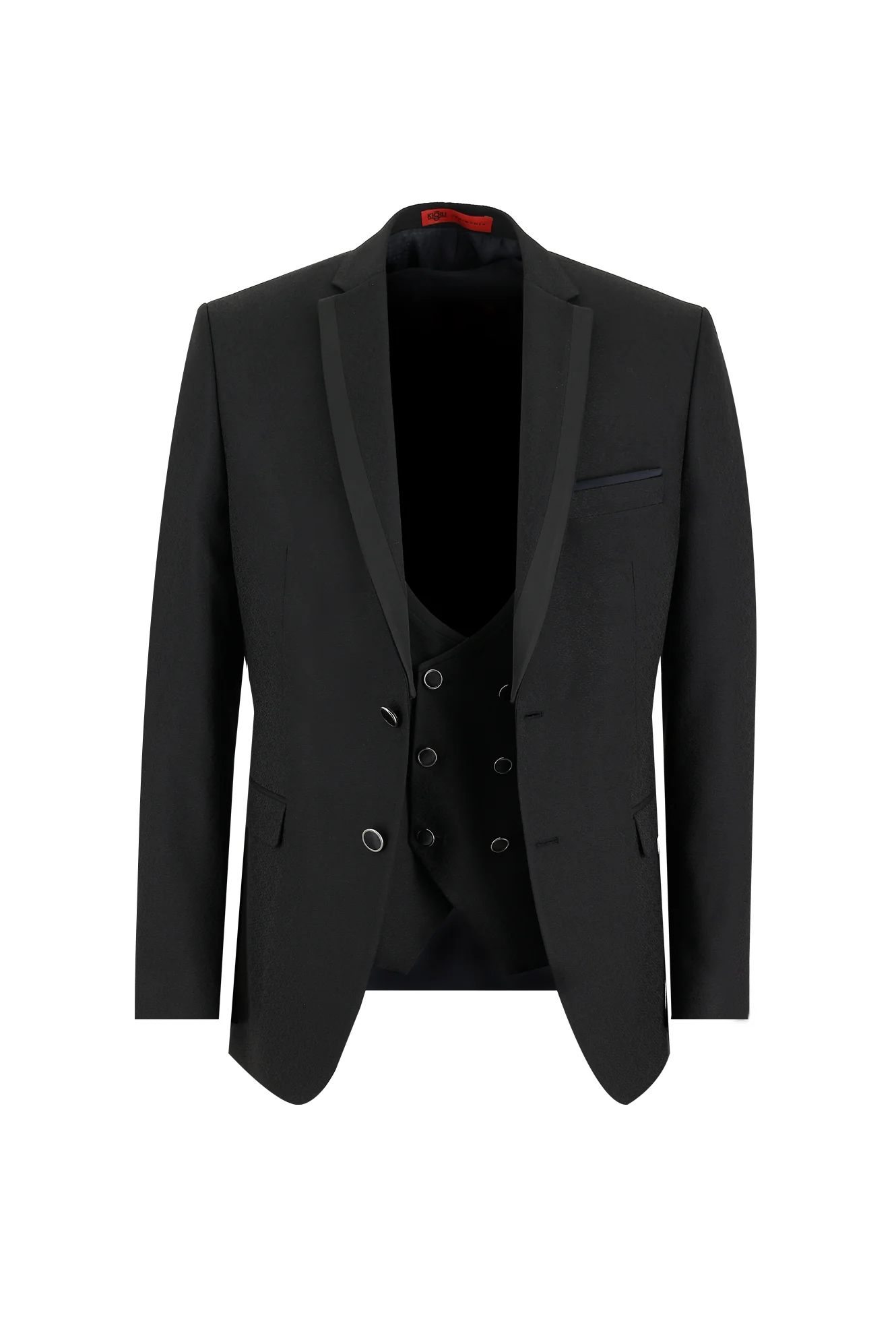 Siyah 7 Drop Slim Fit Dar Kesim Mono Yaka Yelekli Smokin & Damatlık - Image 2