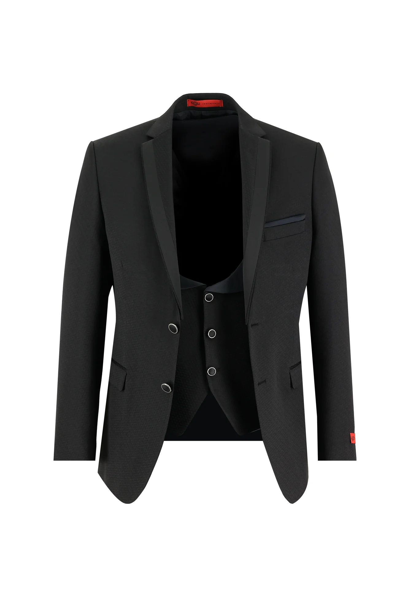 Siyah 7 Drop Slim Fit Dar Kesim Mono Yaka Yelekli Smokin & Damatlık - Image 2