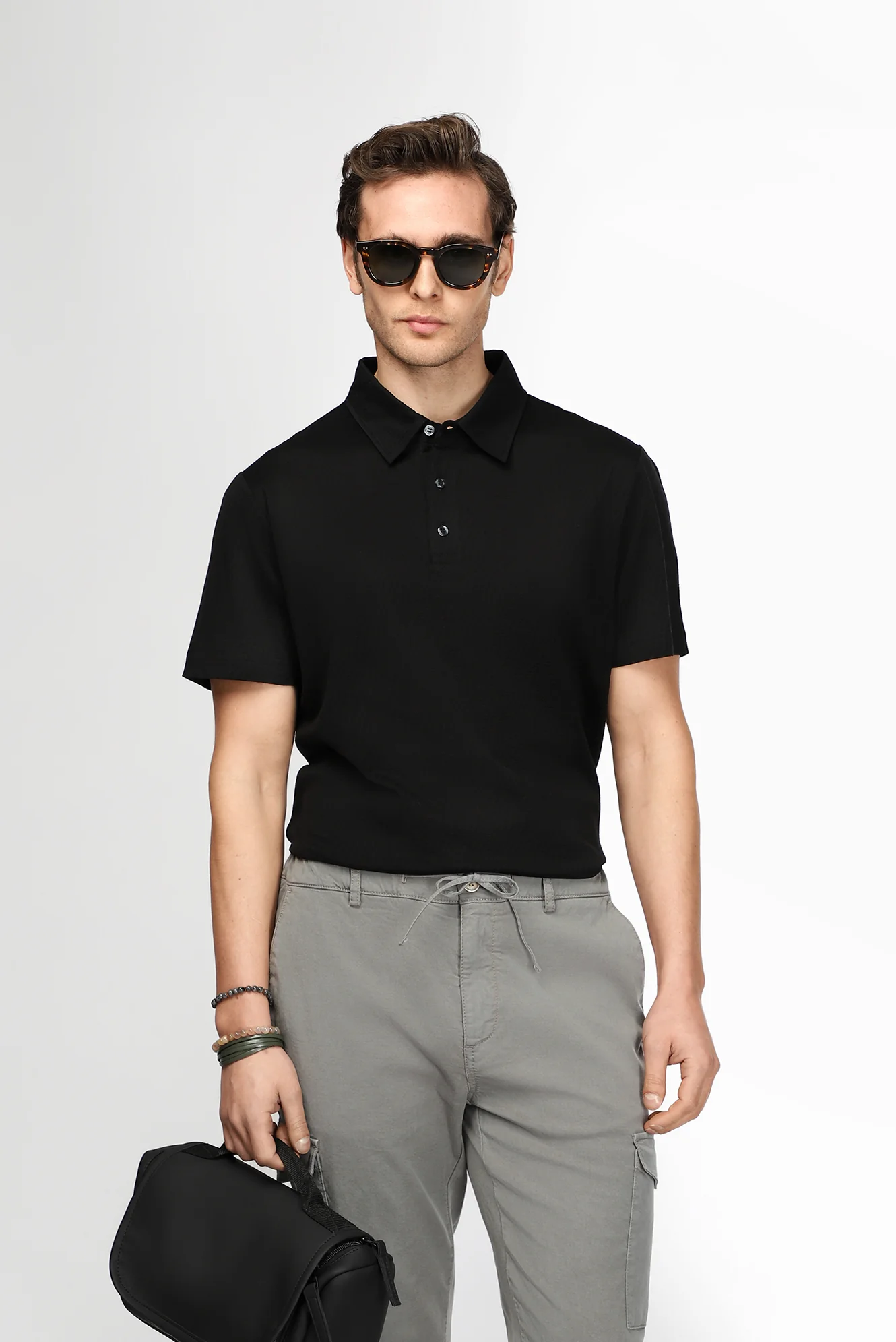 Siyah Slim Fit Dar Kesim Pamuk Desenli Polo Yaka Tişört - Image 2