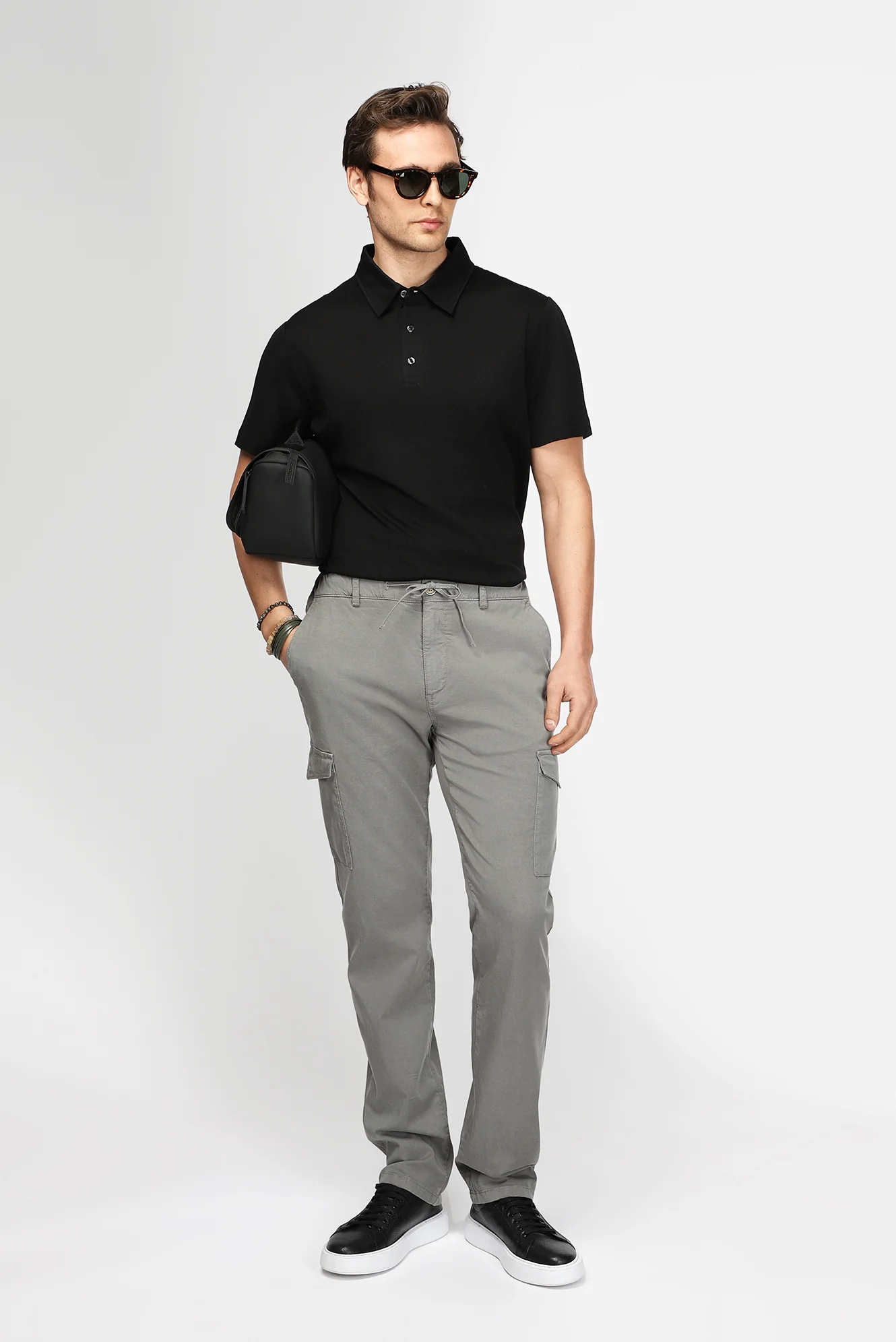 Siyah Slim Fit Dar Kesim Pamuk Desenli Polo Yaka Tişört - Image 3