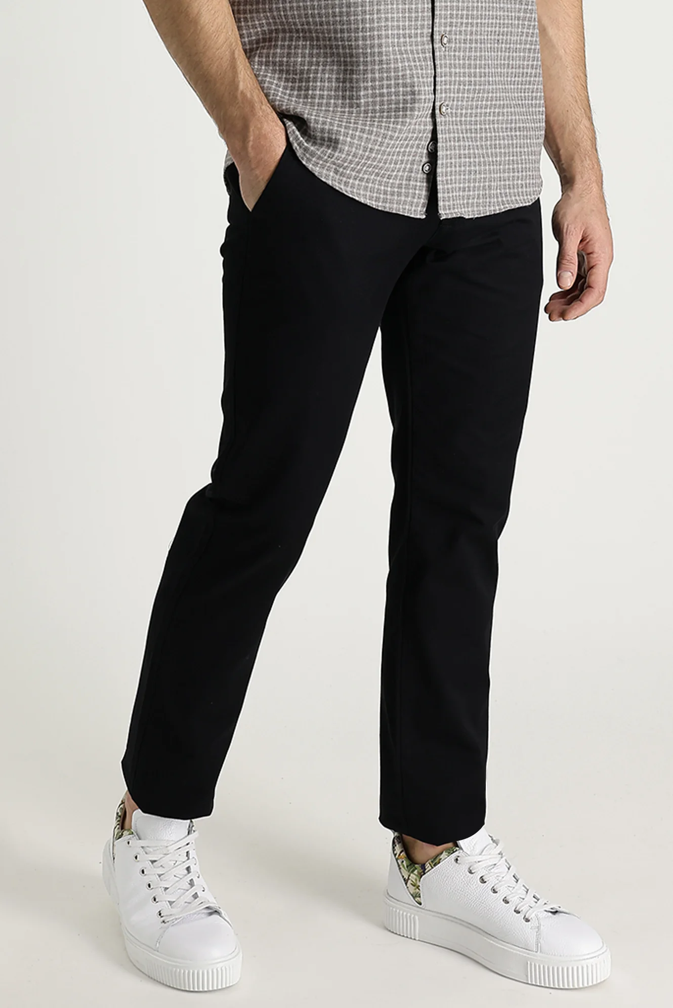 Siyah Slim Fit Dar Kesim Pamuk Kanvas / Chino Pantolon - Image 2