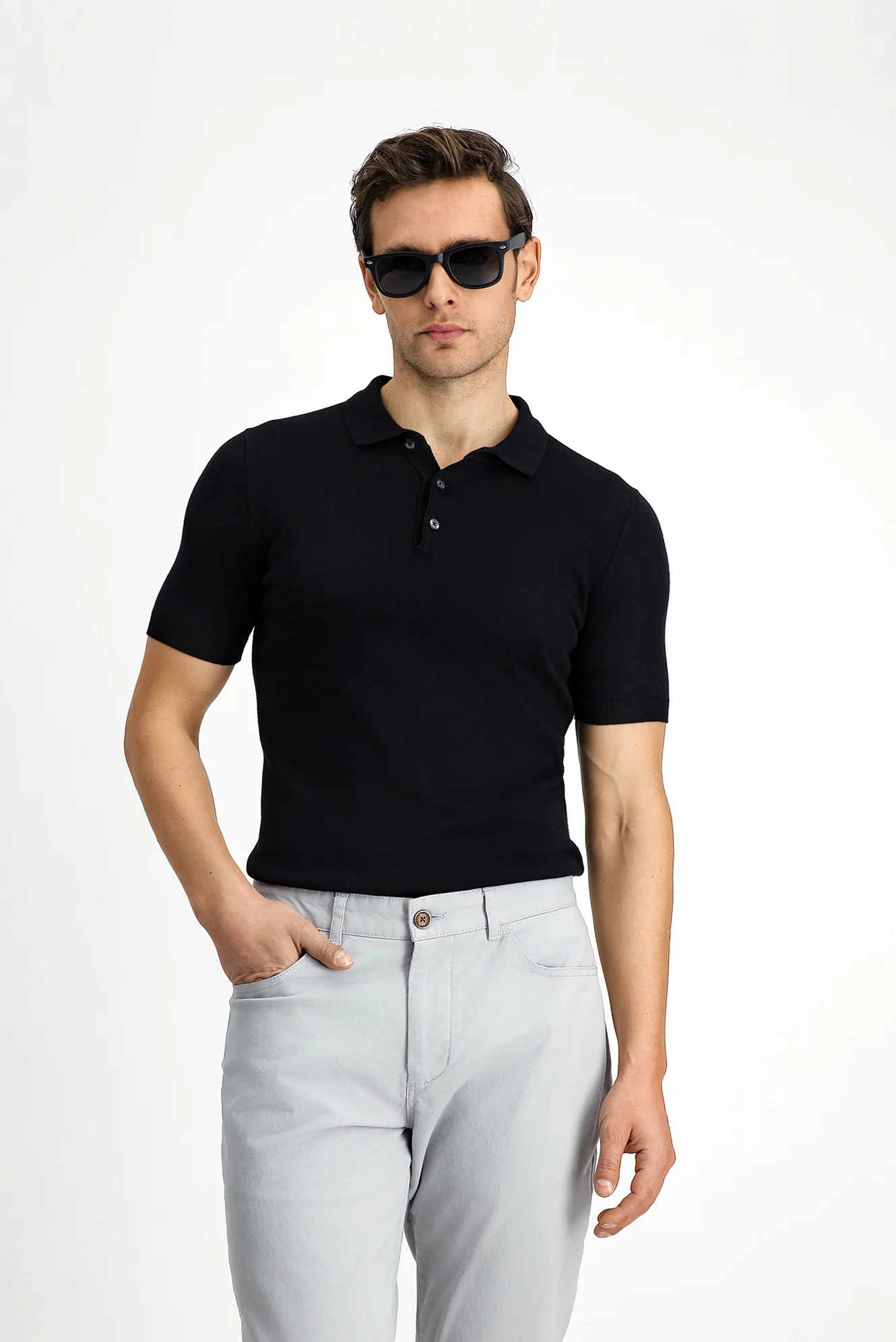 Siyah Slim Fit Dar Kesim Pamuk Polo Yaka Örme Tişört