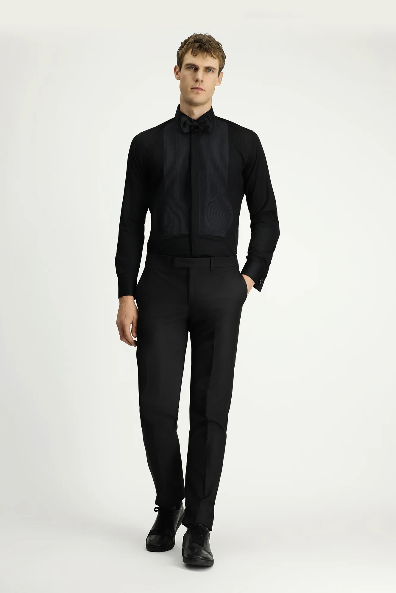 Siyah Slim Fit Dar Kesim Piliseli Pamuklu Ata Yaka Gömlek - Image 2