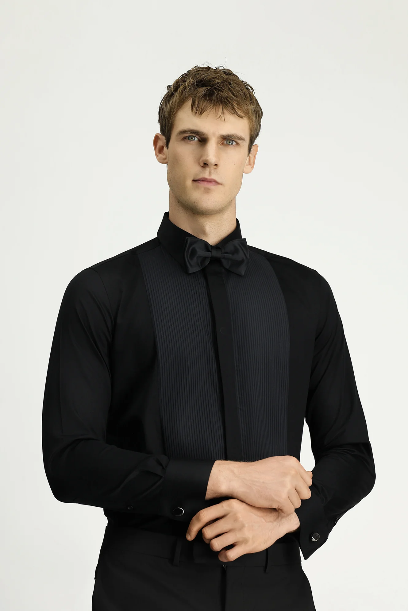 Siyah Slim Fit Dar Kesim Piliseli Pamuklu Ata Yaka Gömlek - Image 3