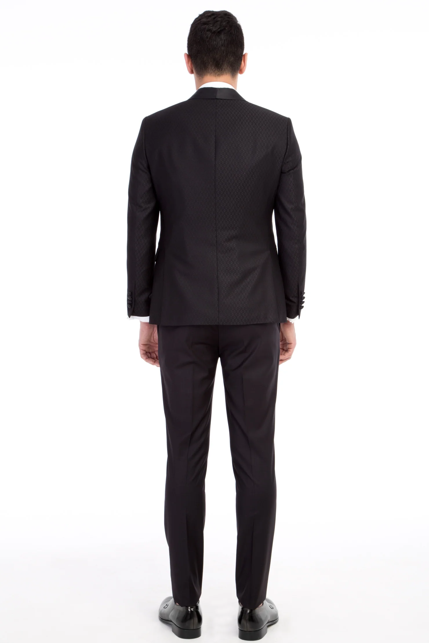 Siyah 7 Drop Slim Fit Dar Kesim Şal Yaka Desenli Yelekli Smokin & Damatlık - Image 3