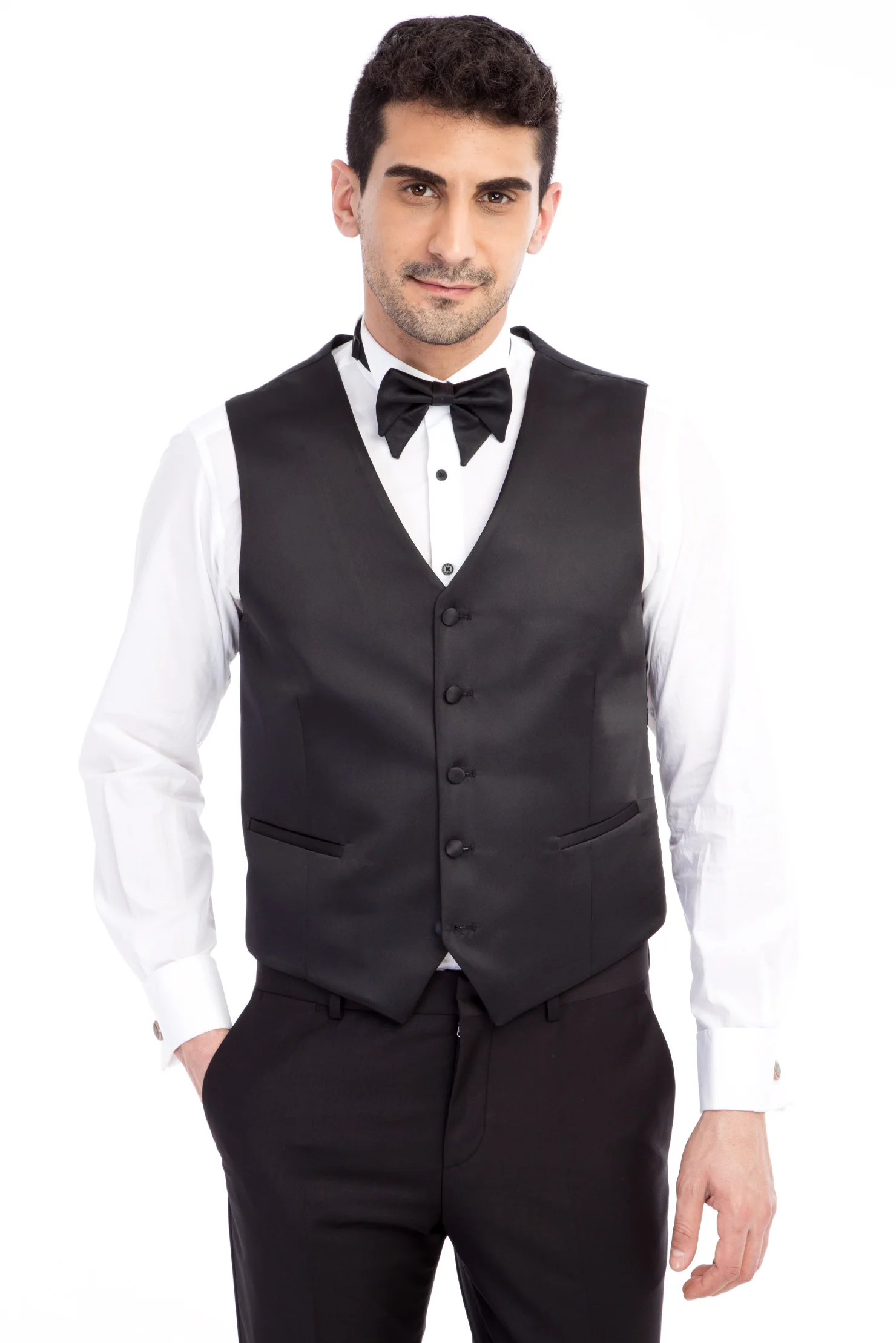 Siyah 7 Drop Slim Fit Dar Kesim Şal Yaka Desenli Yelekli Smokin & Damatlık - Image 4