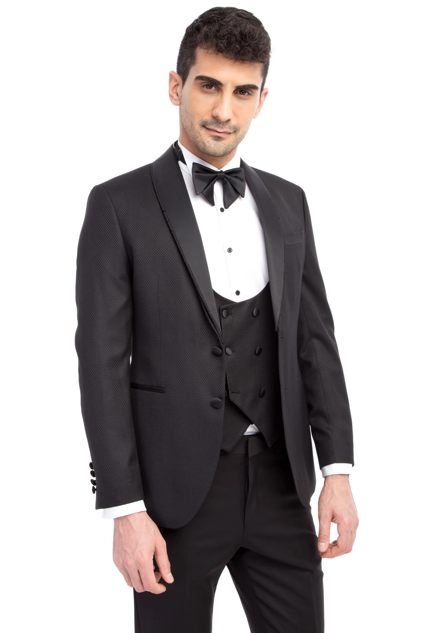 Siyah 7 Drop Slim Fit Dar Kesim Şal Yaka Yelekli Smokin & Damatlık - Image 2