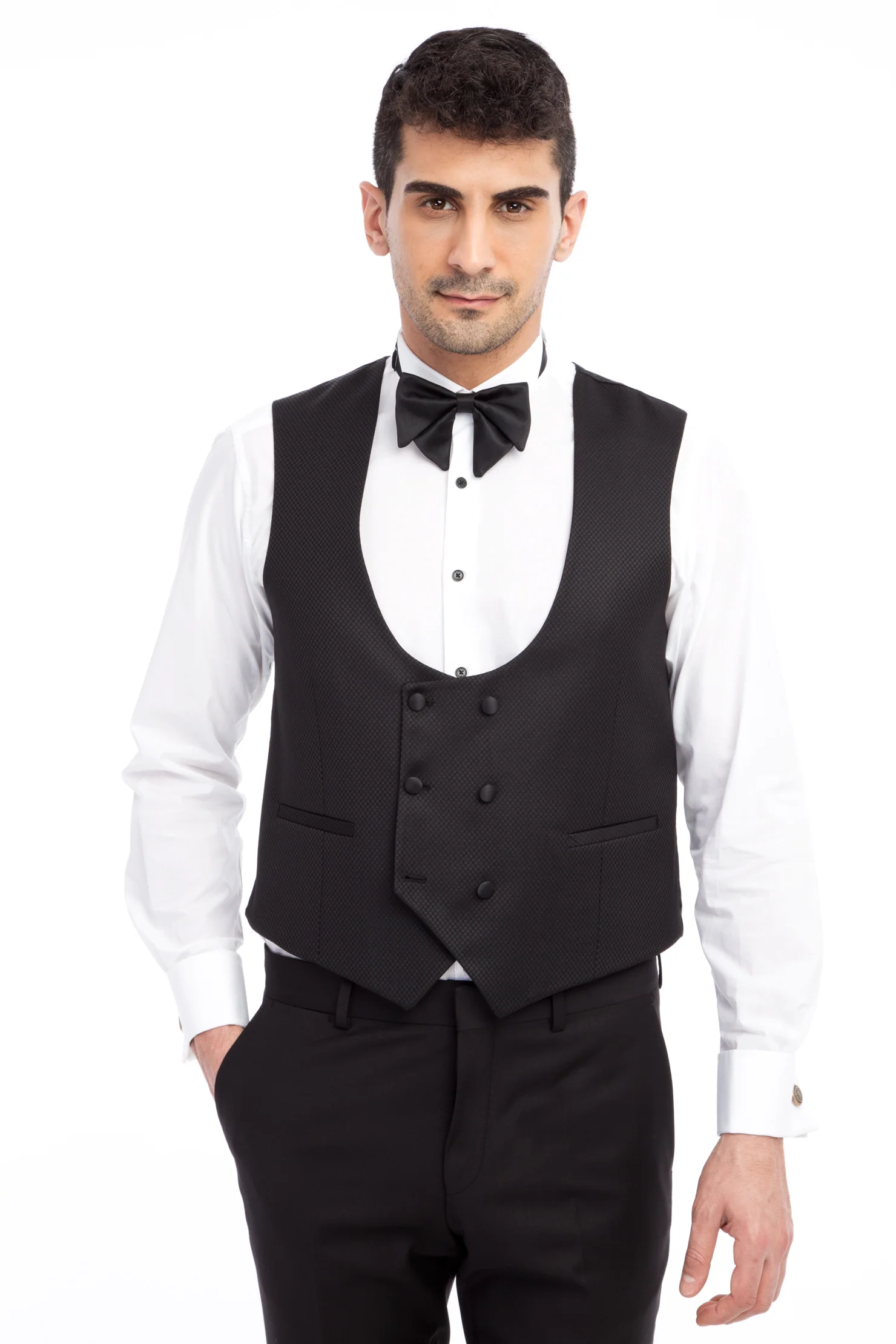 Siyah 7 Drop Slim Fit Dar Kesim Şal Yaka Yelekli Smokin & Damatlık - Image 4