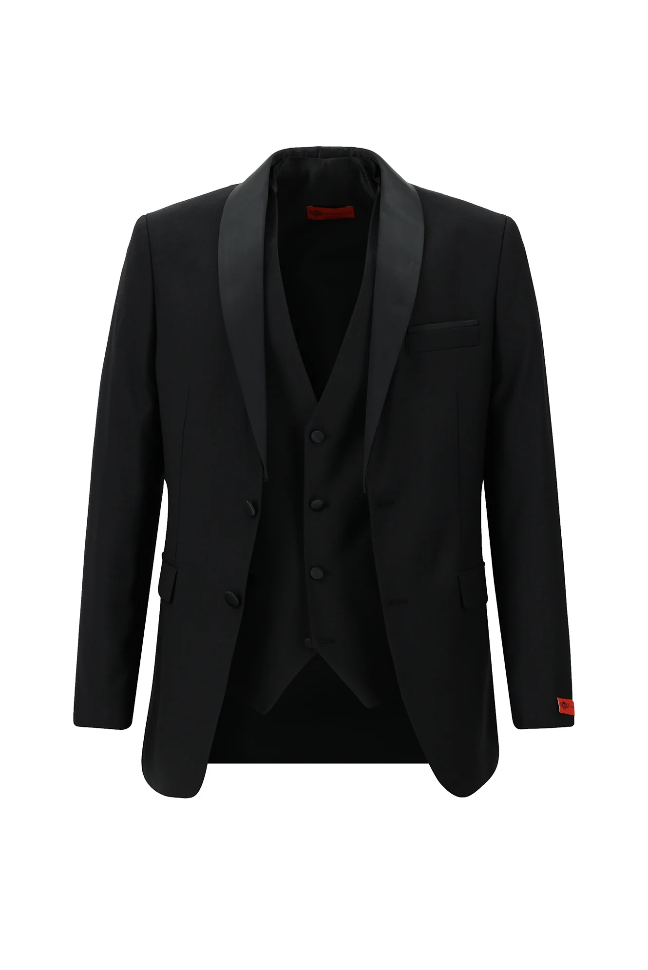 Siyah 7 Drop Slim Fit Dar Kesim Şal Yaka Yelekli Smokin & Damatlık - Image 2
