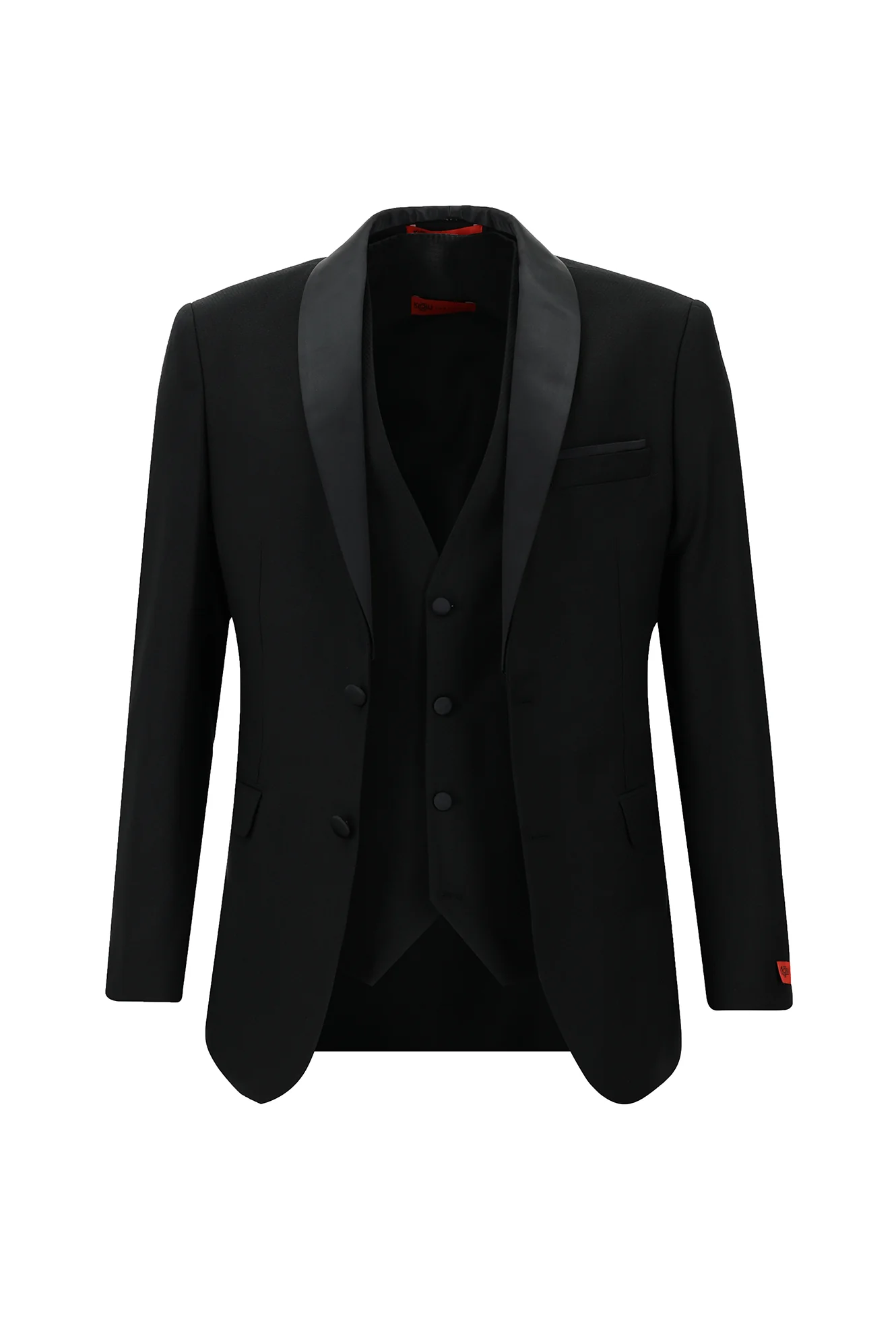Siyah 7 Drop Slim Fit Dar Kesim Şal Yaka Yelekli Smokin & Damatlık - Image 2