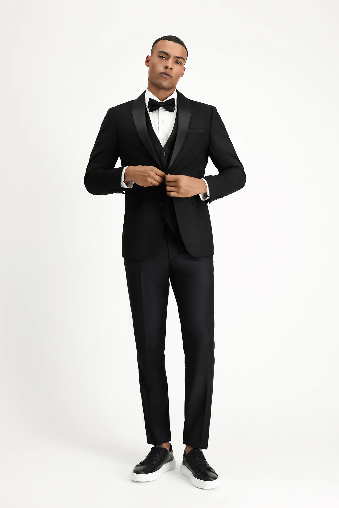 Siyah 7 Drop Slim Fit Dar Kesim Şal Yaka Yelekli Smokin & Damatlık - Image 2