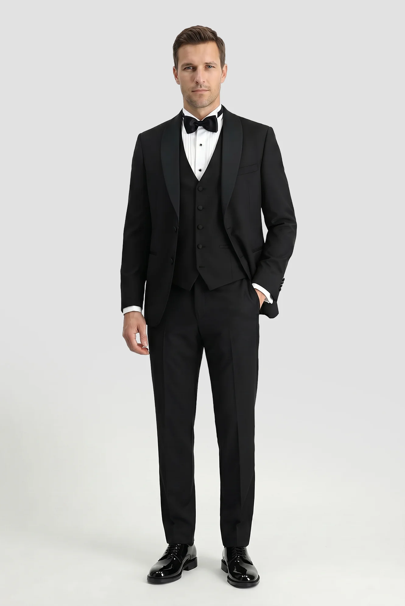 Siyah 7 Drop Slim Fit Dar Kesim Şal Yaka Yelekli Smokin & Damatlık - Image 2