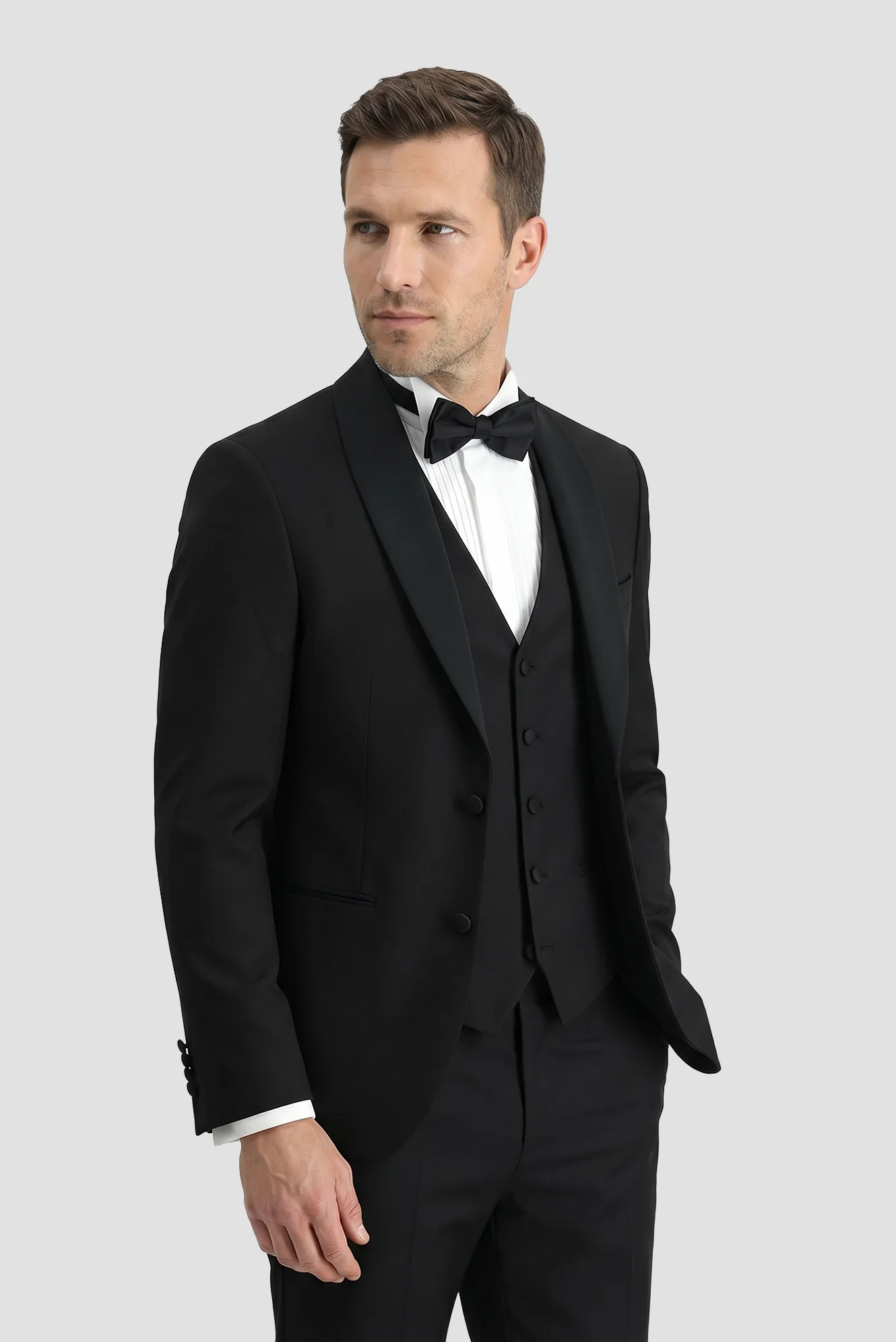 Siyah 7 Drop Slim Fit Dar Kesim Şal Yaka Yelekli Smokin & Damatlık - Image 3