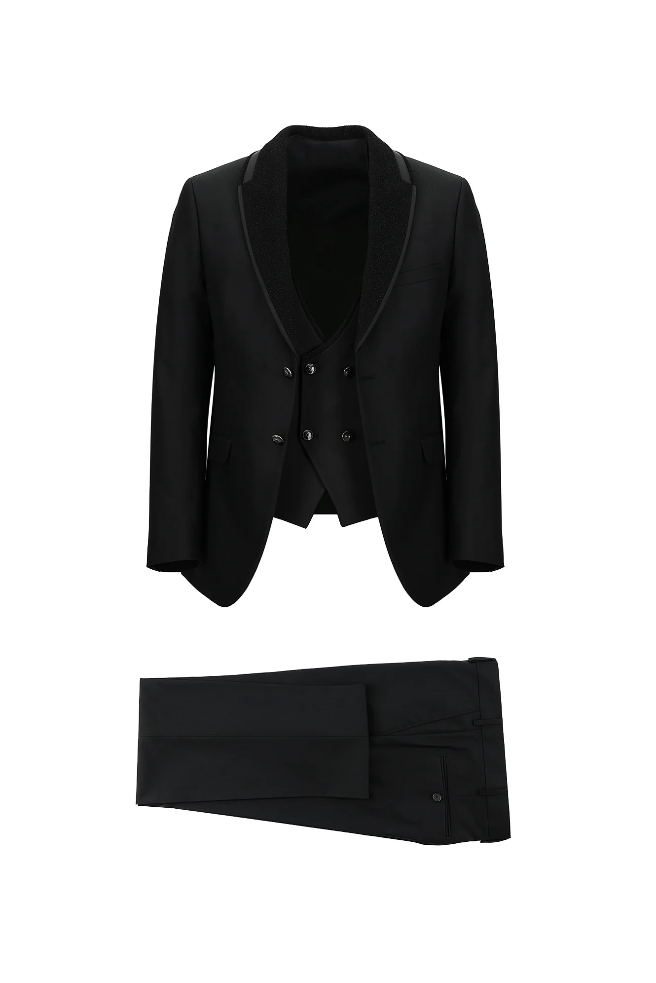 Siyah 7 Drop Slim Fit Dar Kesim Şal Yaka Yelekli Smokin & Damatlık