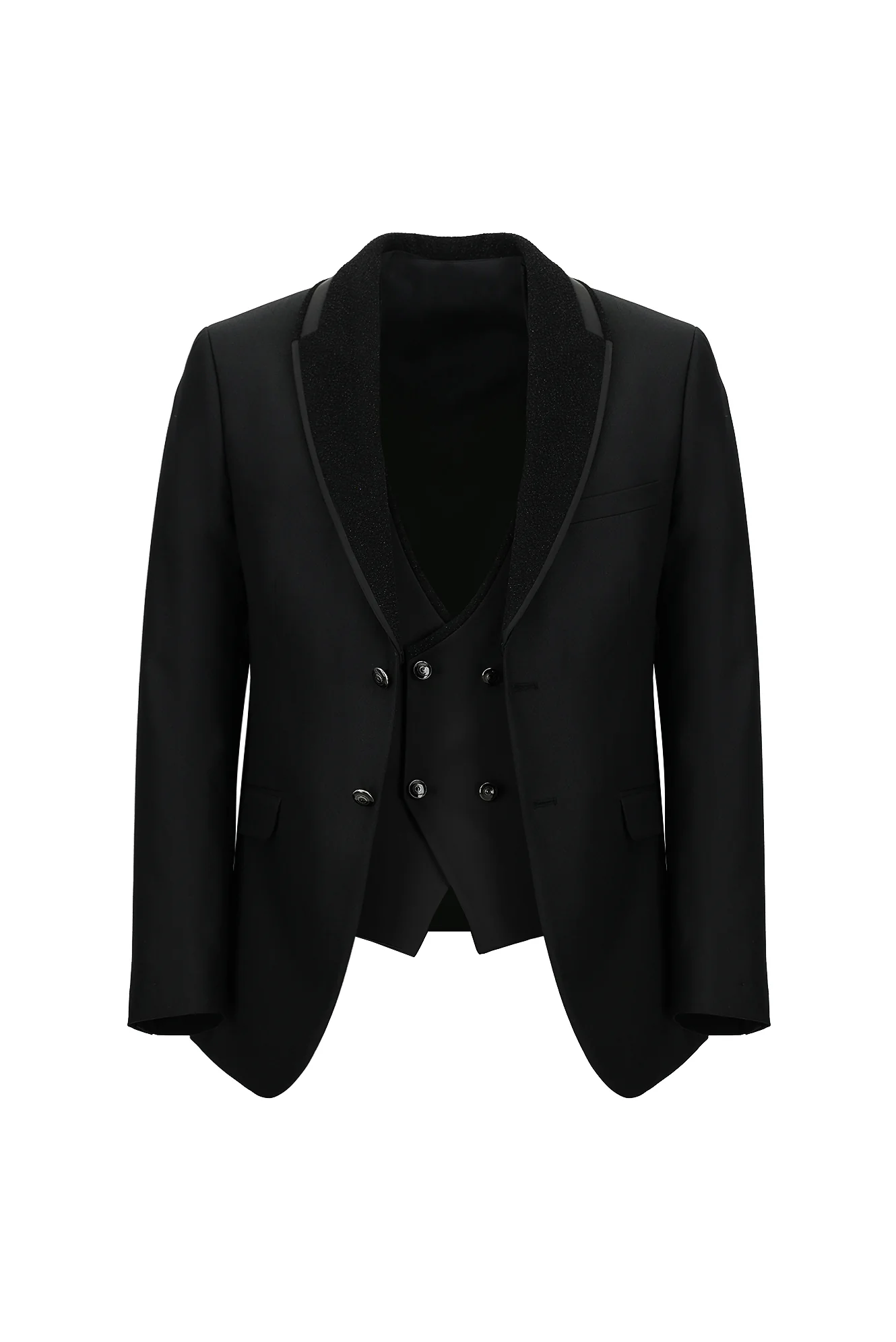 Siyah 7 Drop Slim Fit Dar Kesim Şal Yaka Yelekli Smokin & Damatlık - Image 2