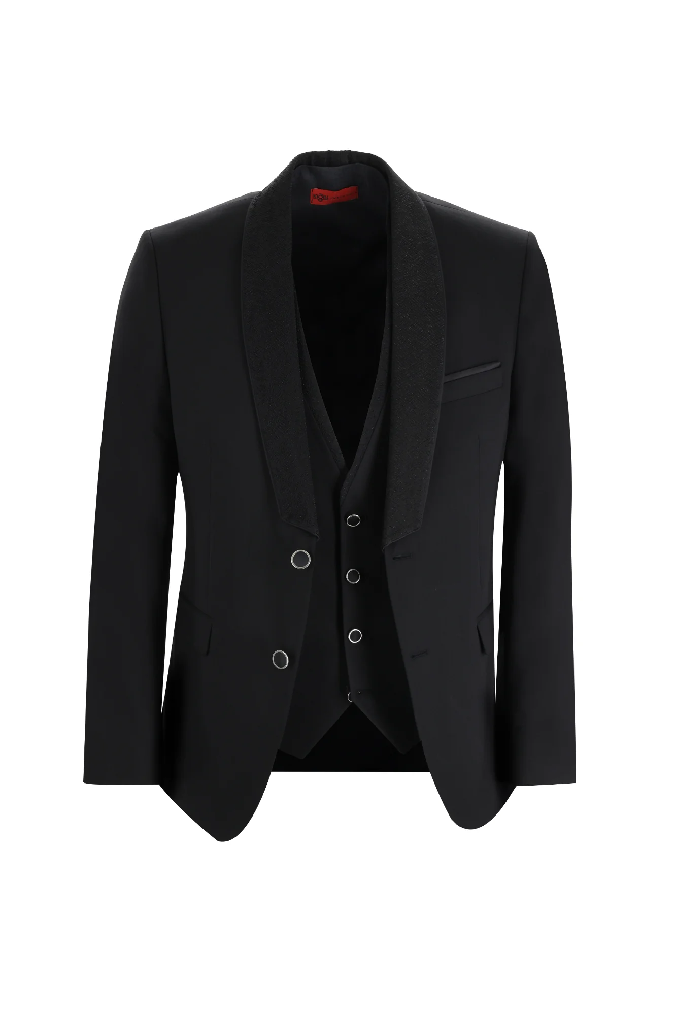 Siyah 7 Drop Slim Fit Dar Kesim Şal Yaka Yelekli Smokin & Damatlık - Image 2
