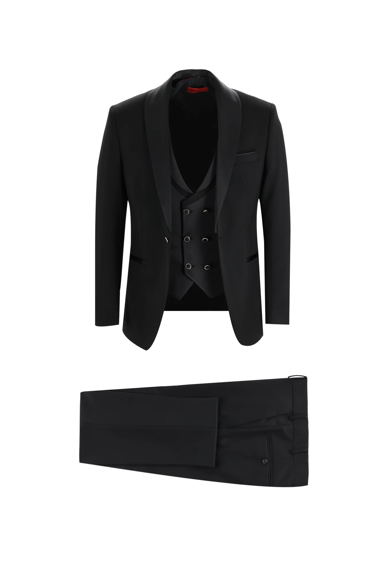Siyah 7 Drop Slim Fit Dar Kesim Şal Yaka Yelekli Smokin & Damatlık