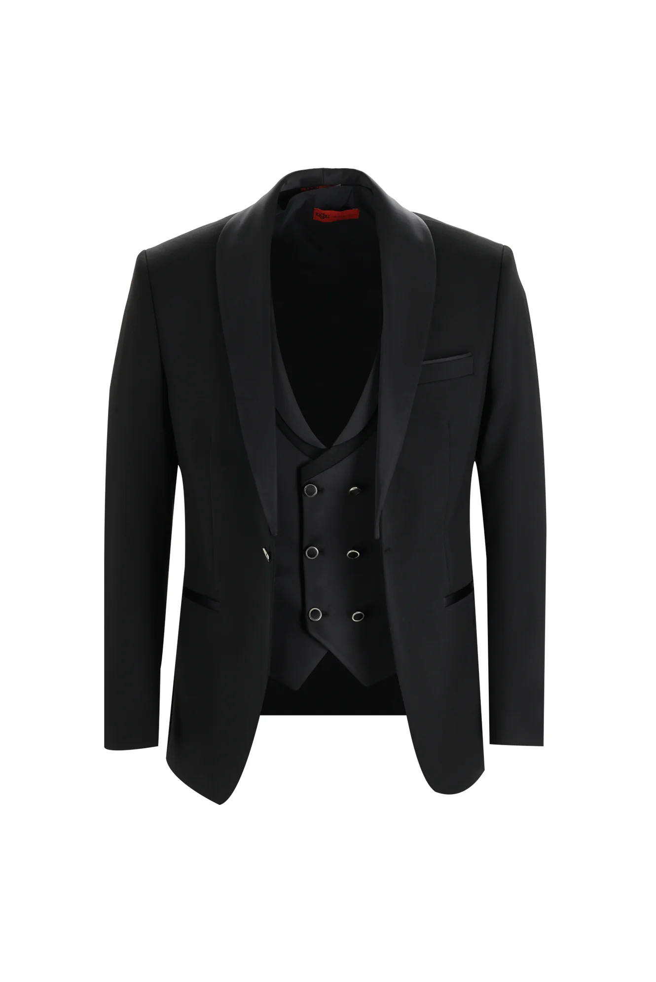 Siyah 7 Drop Slim Fit Dar Kesim Şal Yaka Yelekli Smokin & Damatlık - Image 3