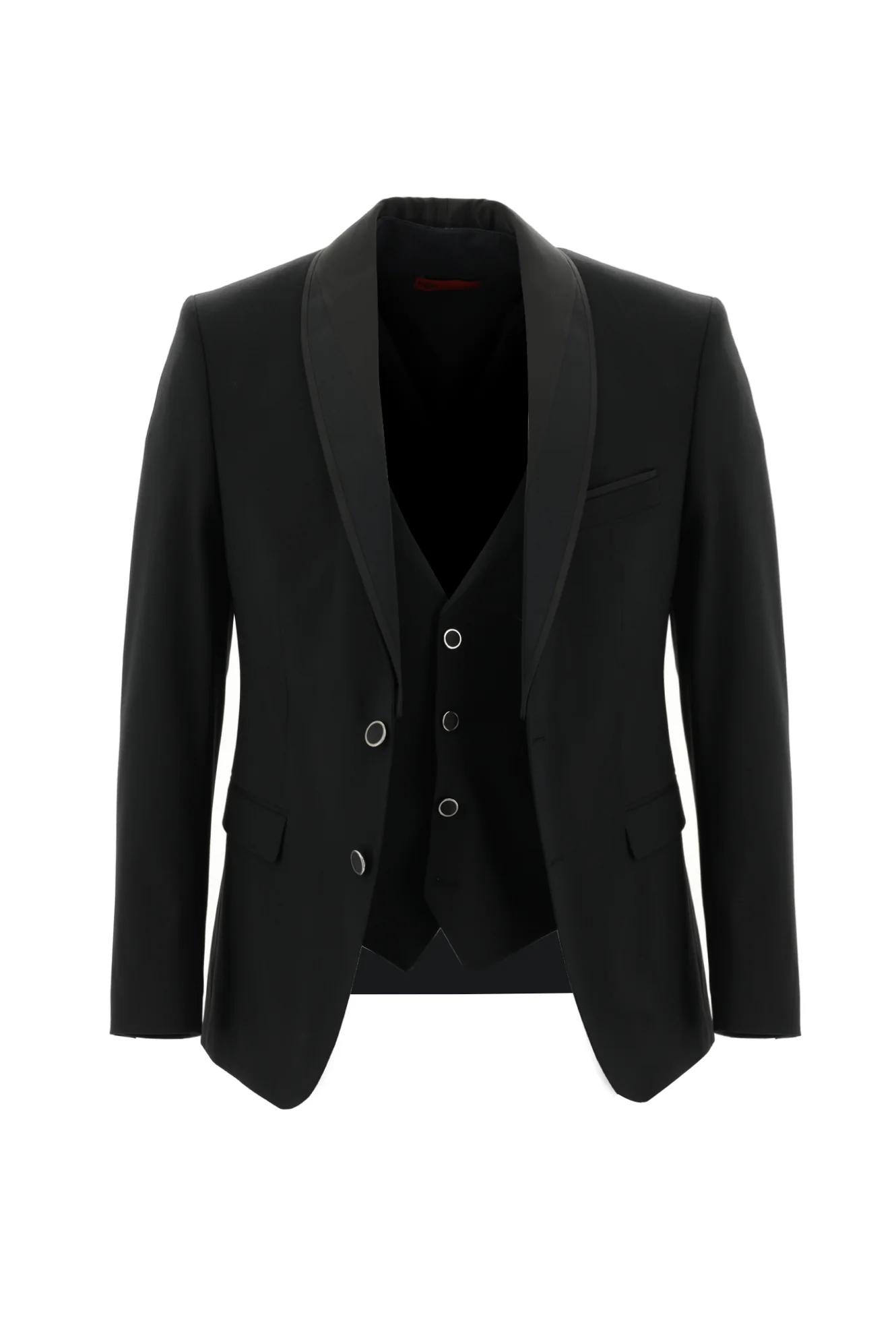 Siyah 7 Drop Slim Fit Dar Kesim Şal Yaka Yelekli Smokin & Damatlık - Image 2