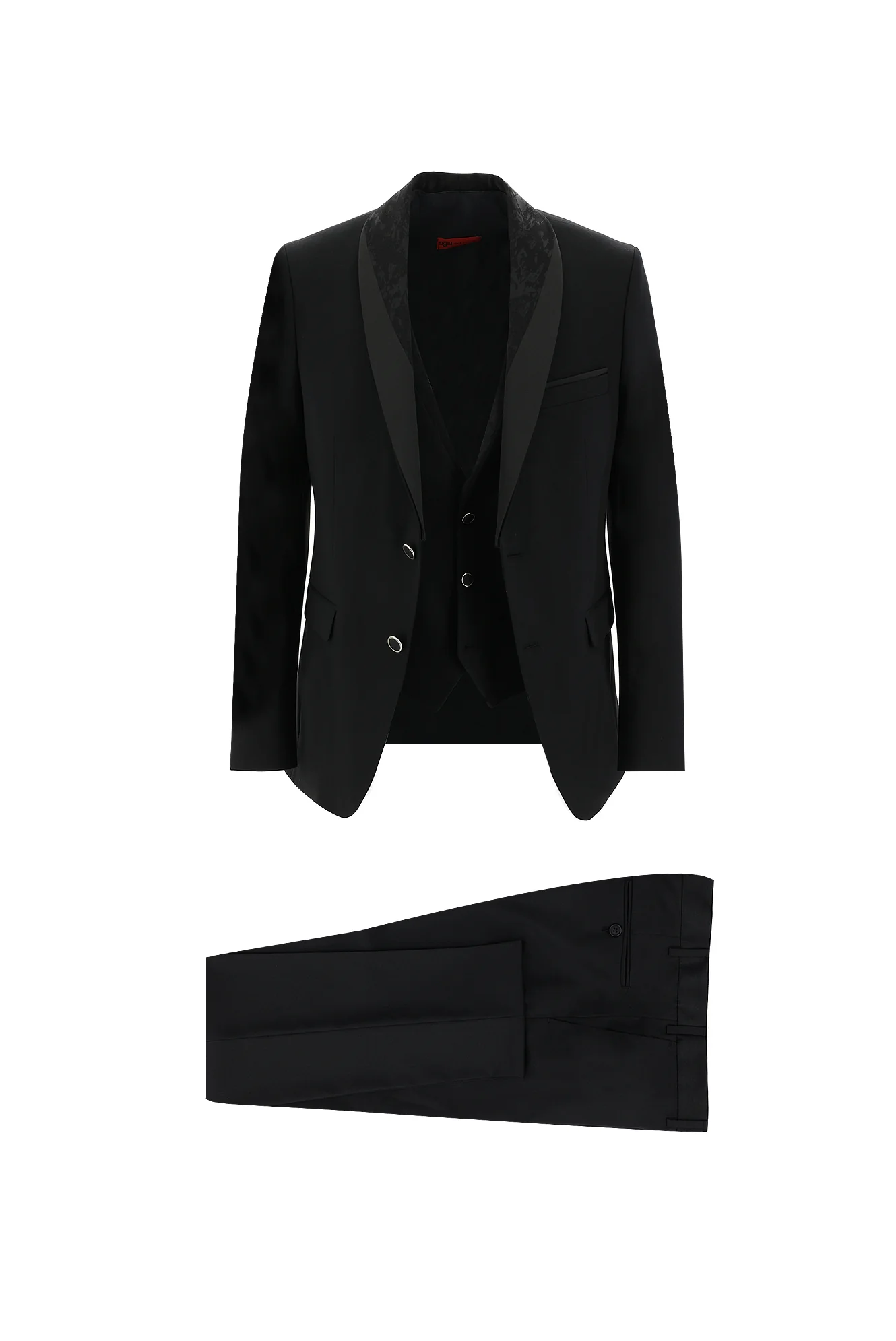 Siyah 7 Drop Slim Fit Dar Kesim Şal Yaka Yelekli Smokin & Damatlık