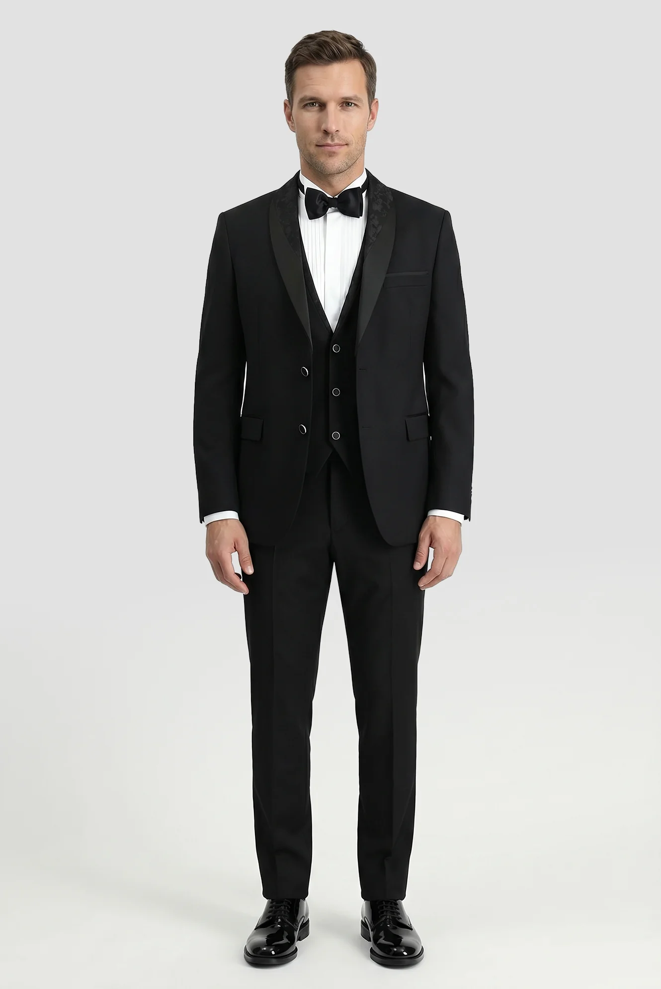 Siyah 7 Drop Slim Fit Dar Kesim Şal Yaka Yelekli Smokin & Damatlık