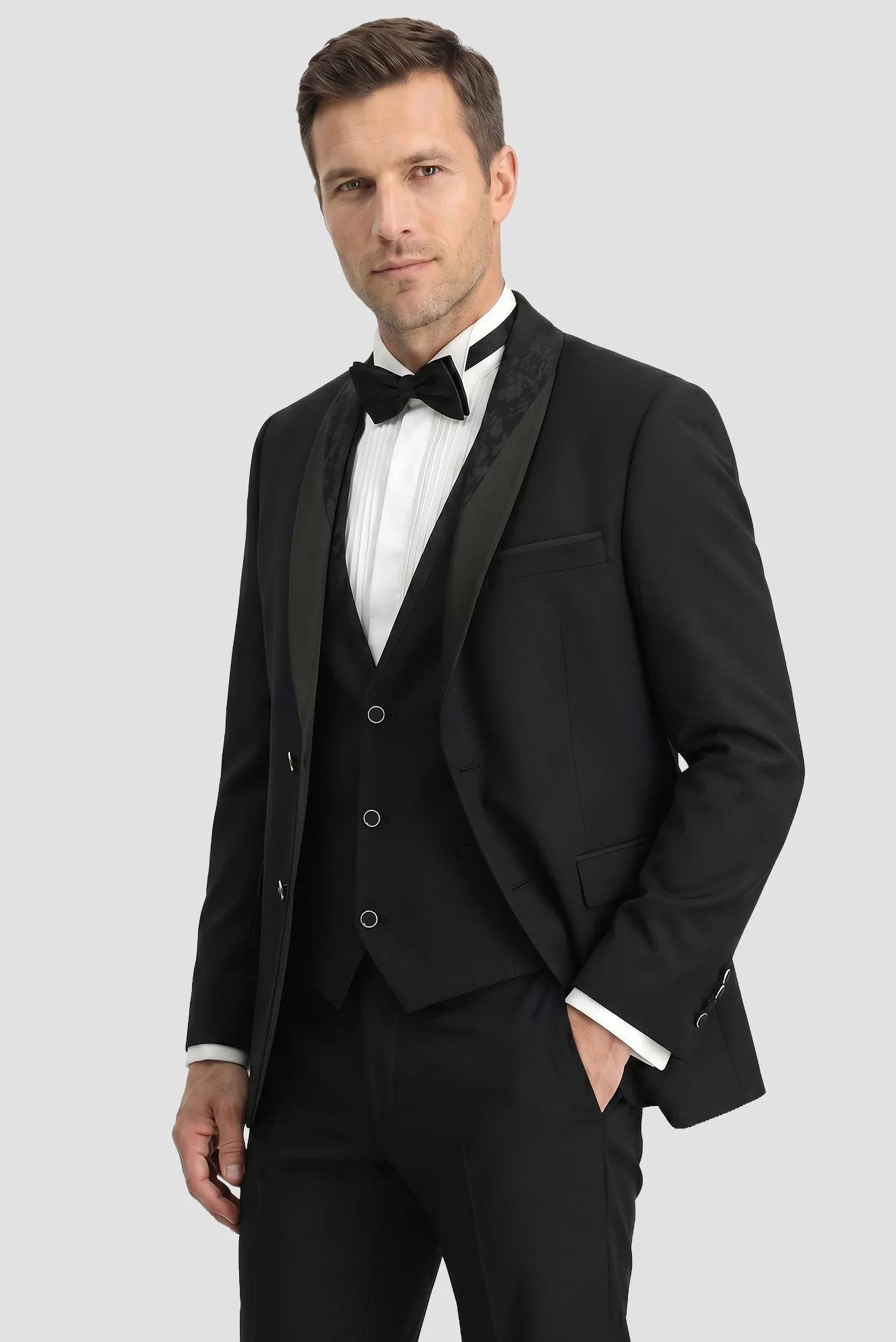 Siyah 7 Drop Slim Fit Dar Kesim Şal Yaka Yelekli Smokin & Damatlık - Image 2