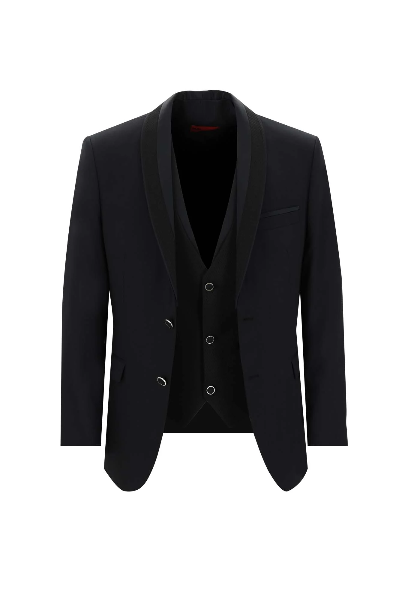 Siyah 7 Drop Slim Fit Dar Kesim Şal Yaka Yelekli Smokin & Damatlık - Image 2