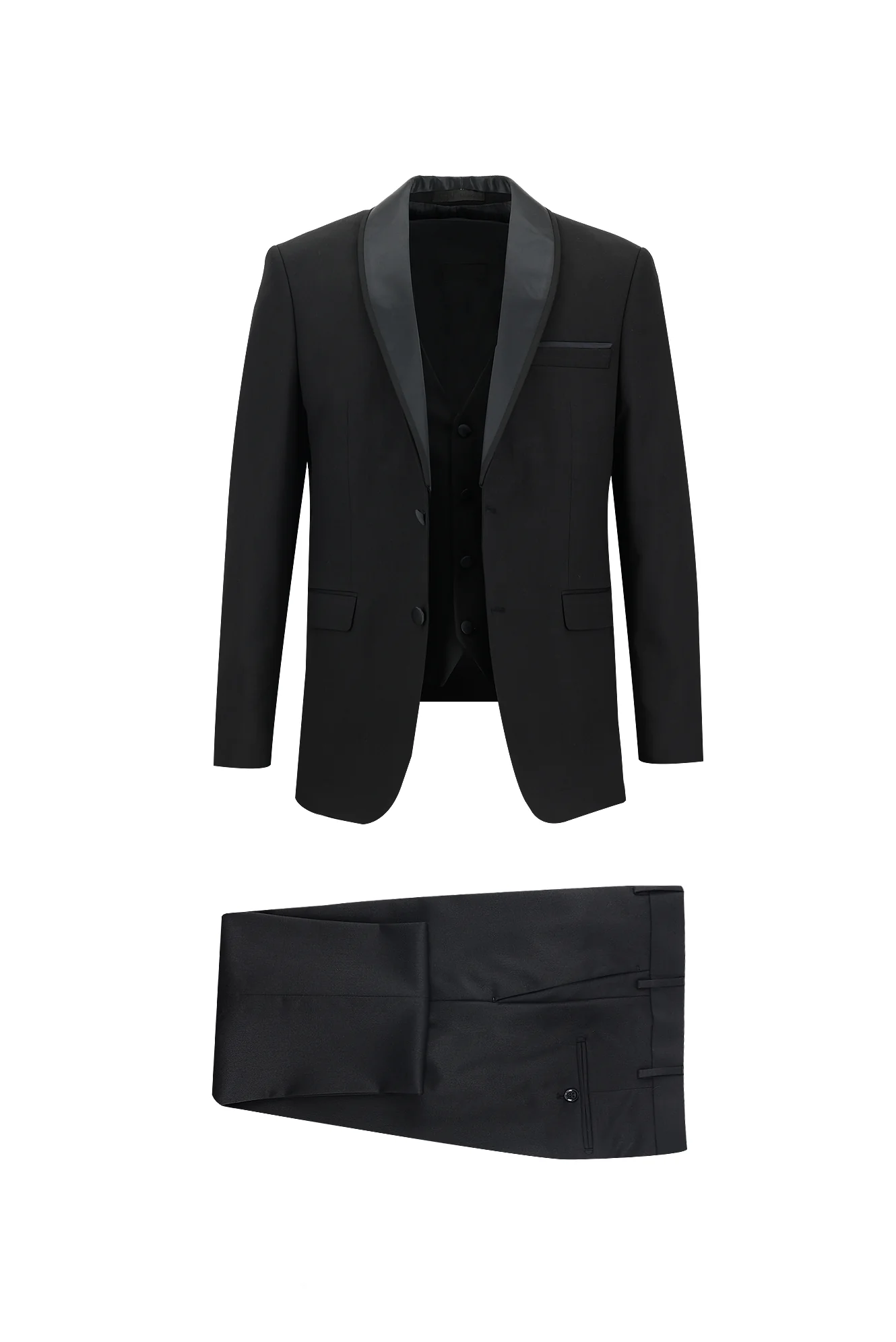 Siyah 7 Drop Slim Fit Dar Kesim Şal Yaka Yelekli Smokin & Damatlık