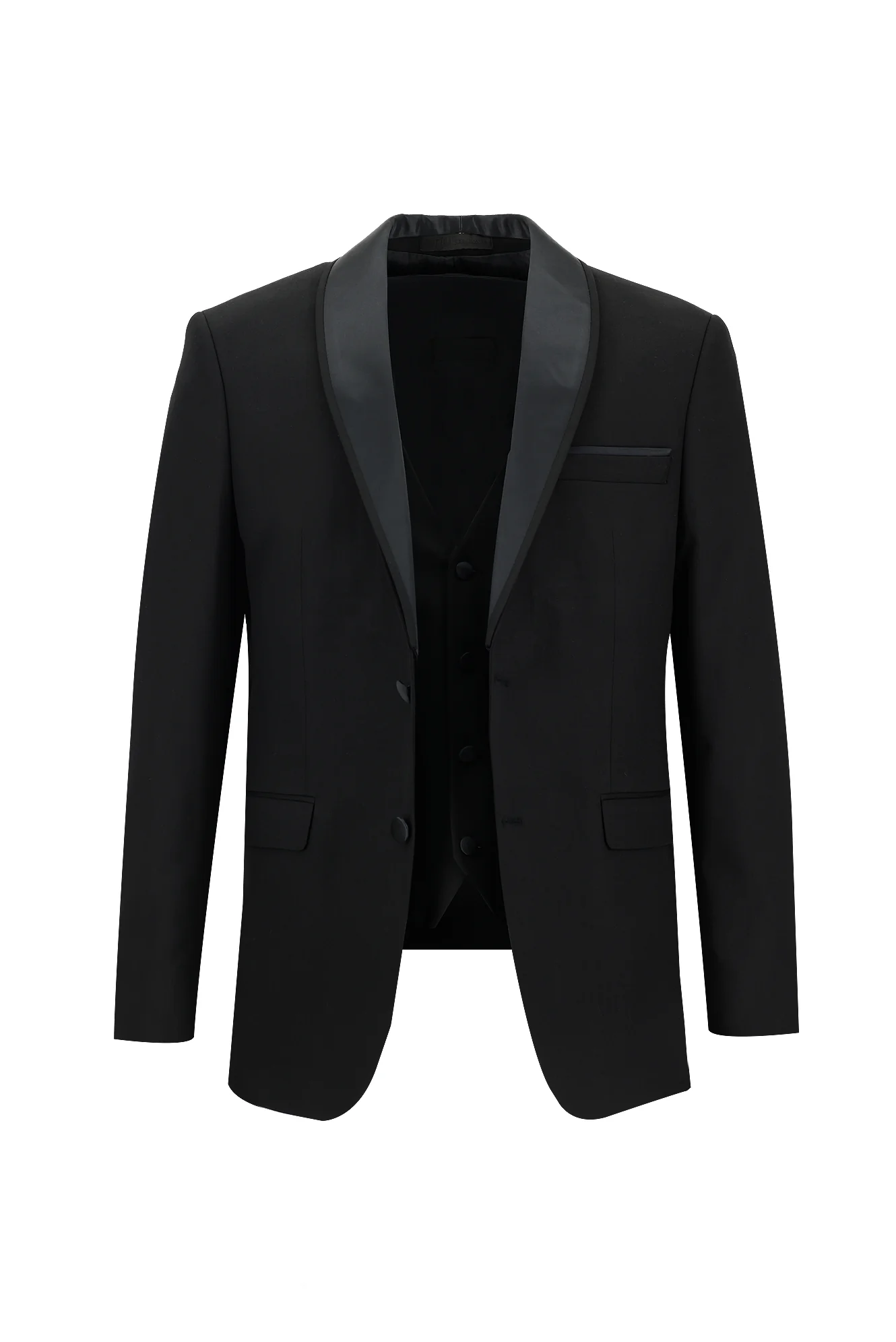 Siyah 7 Drop Slim Fit Dar Kesim Şal Yaka Yelekli Smokin & Damatlık - Image 2